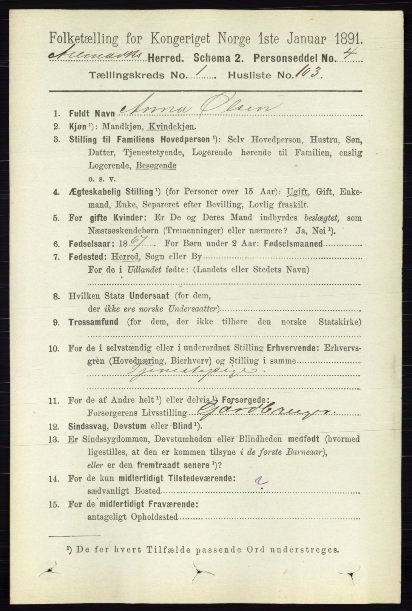 RA, 1891 census for 0118 Aremark, 1891, p. 710