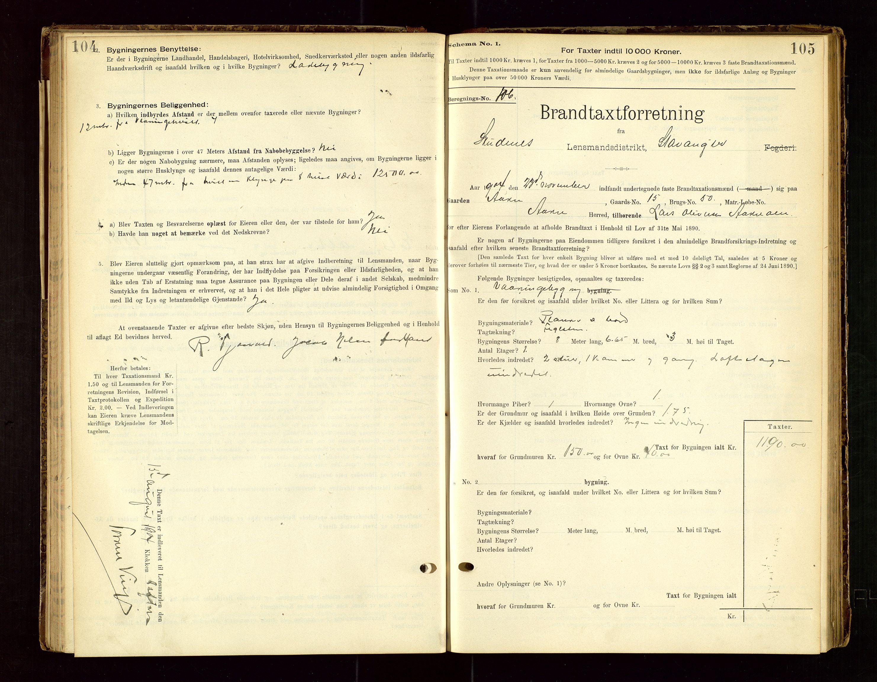 Skudenes lensmannskontor, SAST/A-100444/Gob/L0001: "Brandtaxationsprotokoll", 1895-1924, p. 104-105