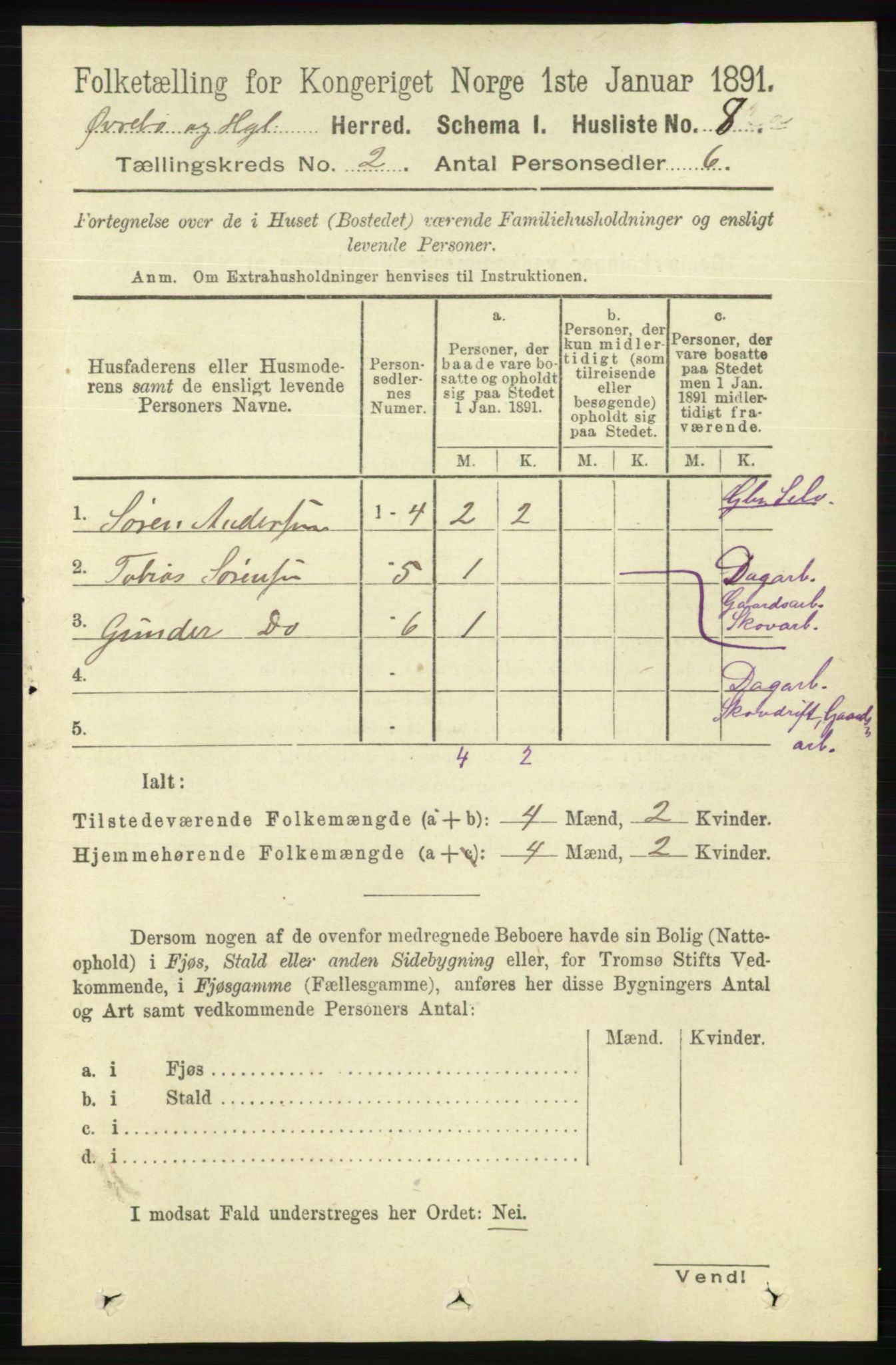 RA, 1891 census for 1016 Øvrebø og Hægeland, 1891, p. 289