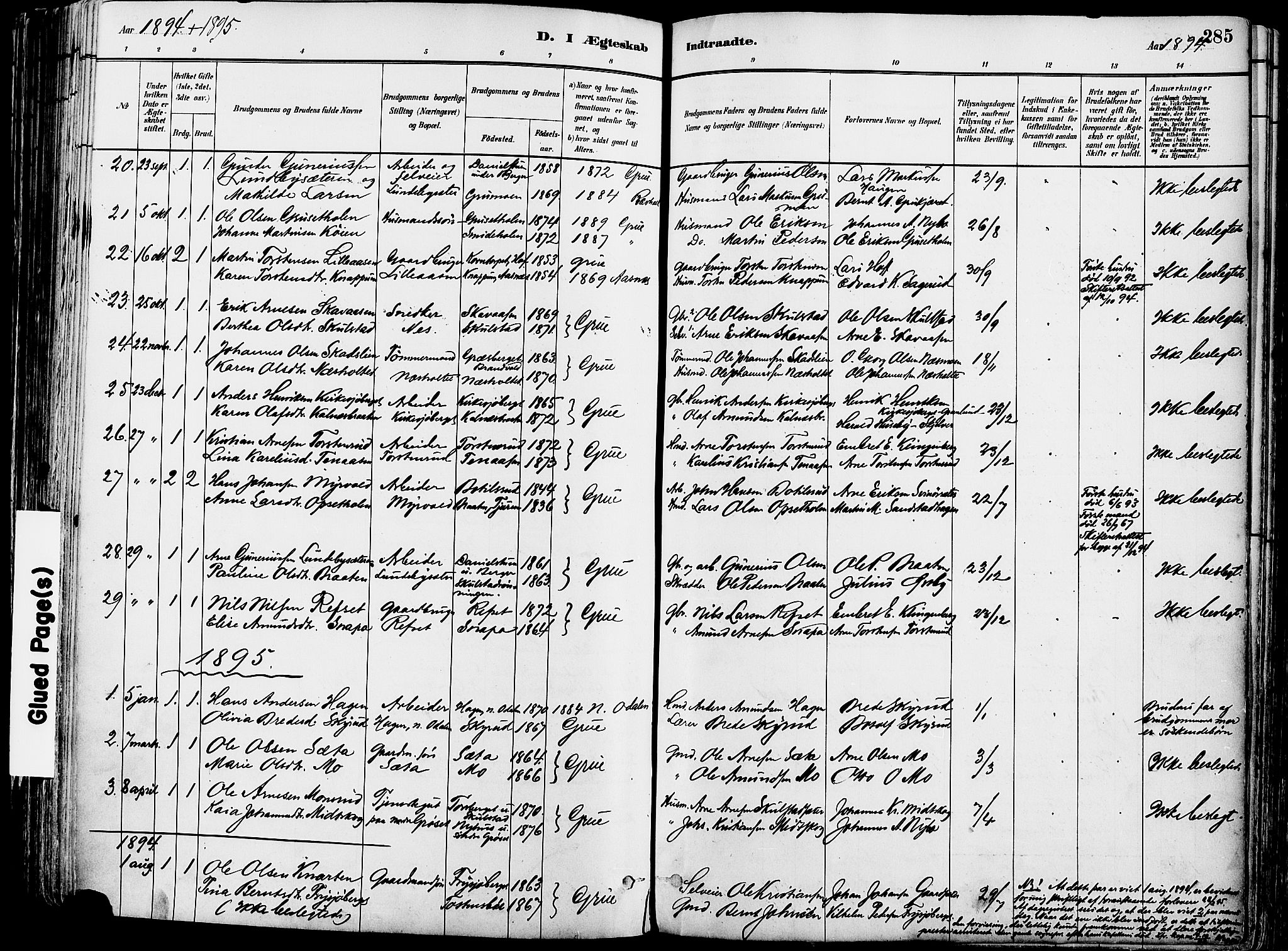 Grue prestekontor, SAH/PREST-036/H/Ha/Haa/L0012: Parish register (official) no. 12, 1881-1897, p. 285