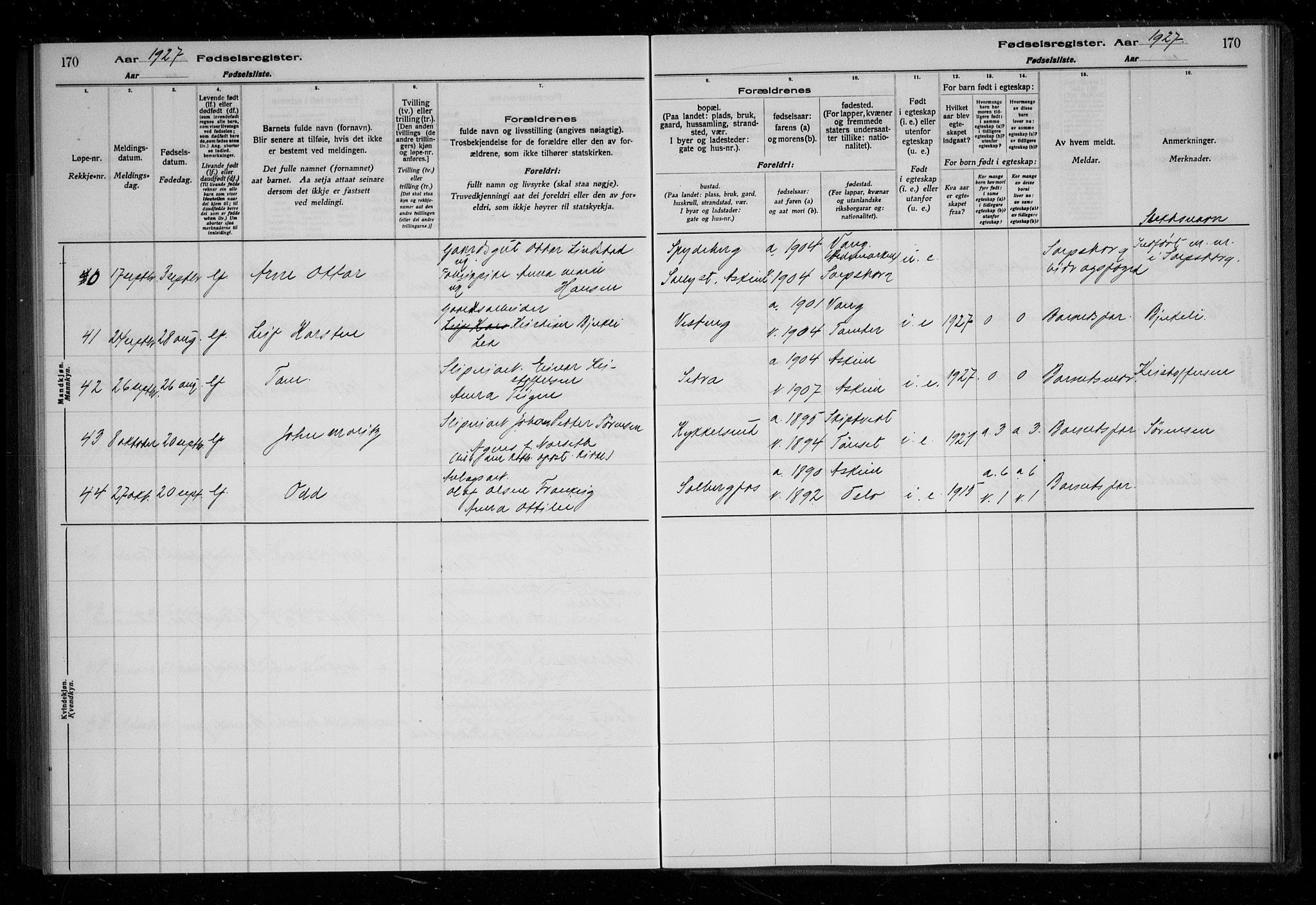 Askim prestekontor Kirkebøker, AV/SAO-A-10900/J/Ja/L0001: Birth register no. 1, 1916-1929, p. 170