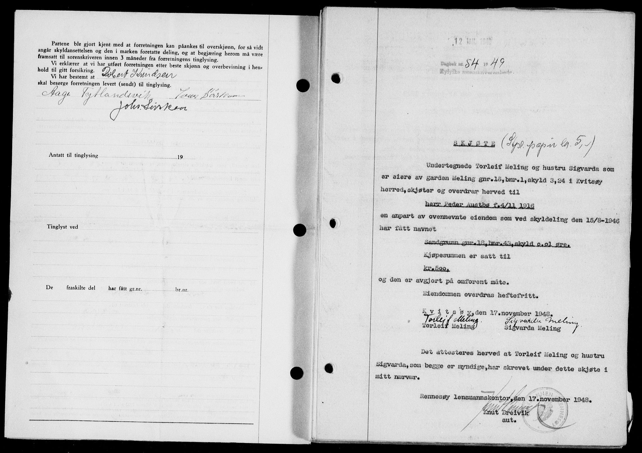 Ryfylke tingrett, AV/SAST-A-100055/001/II/IIB/L0104: Mortgage book no. 83, 1948-1949, Diary no: : 54/1949