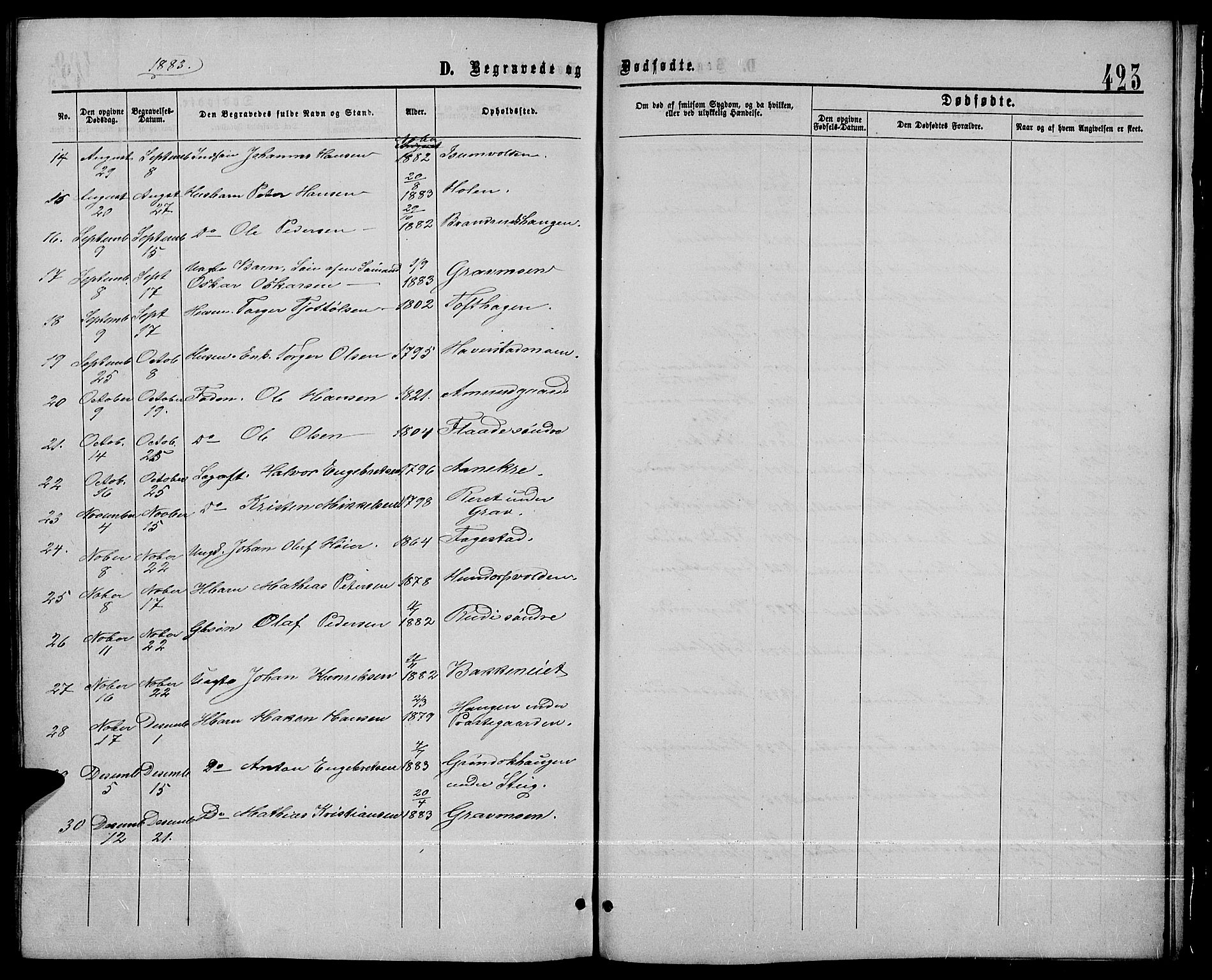 Sør-Fron prestekontor, SAH/PREST-010/H/Ha/Hab/L0002: Parish register (copy) no. 2, 1864-1883, p. 423