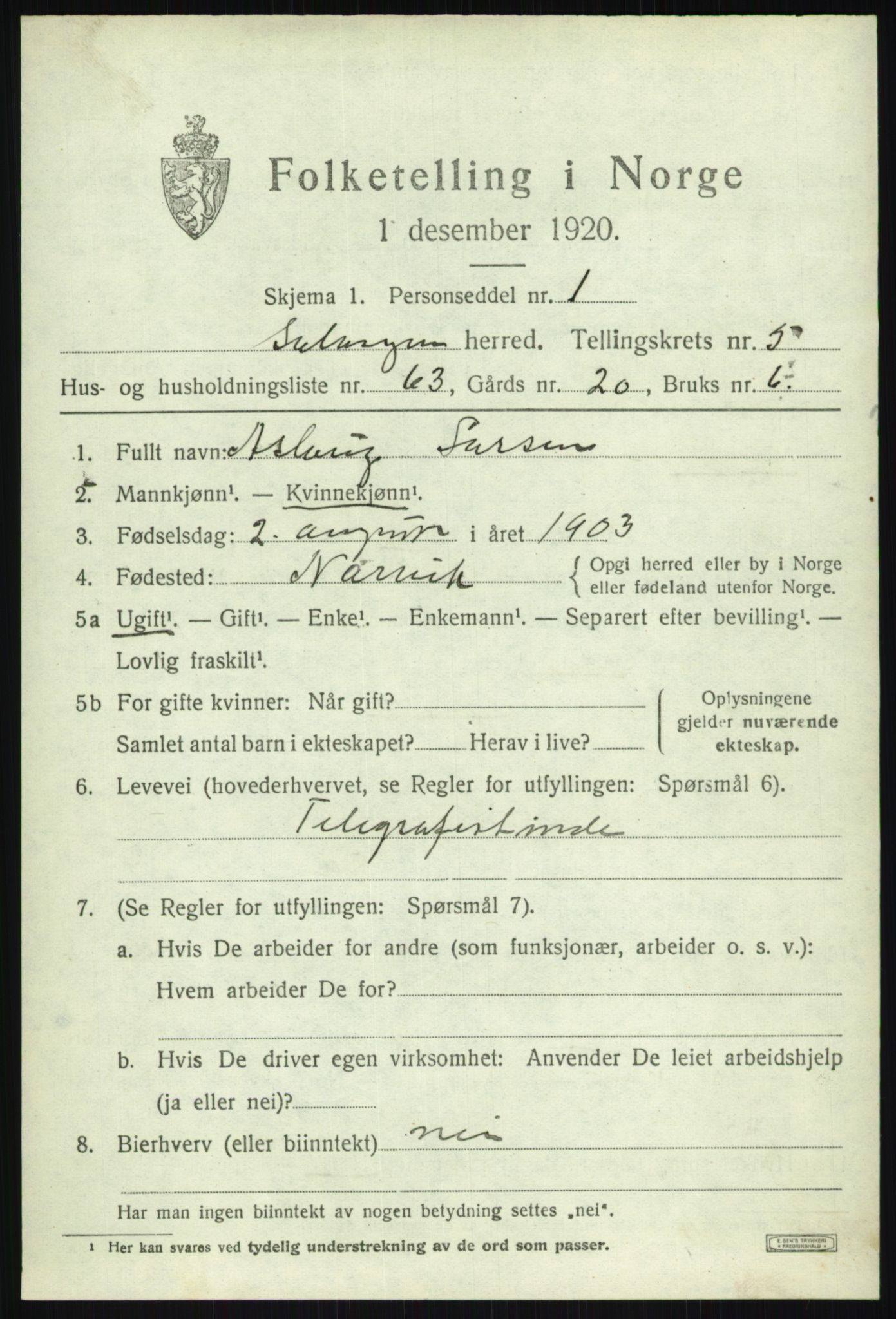 SATØ, 1920 census for Salangen, 1920, p. 3916