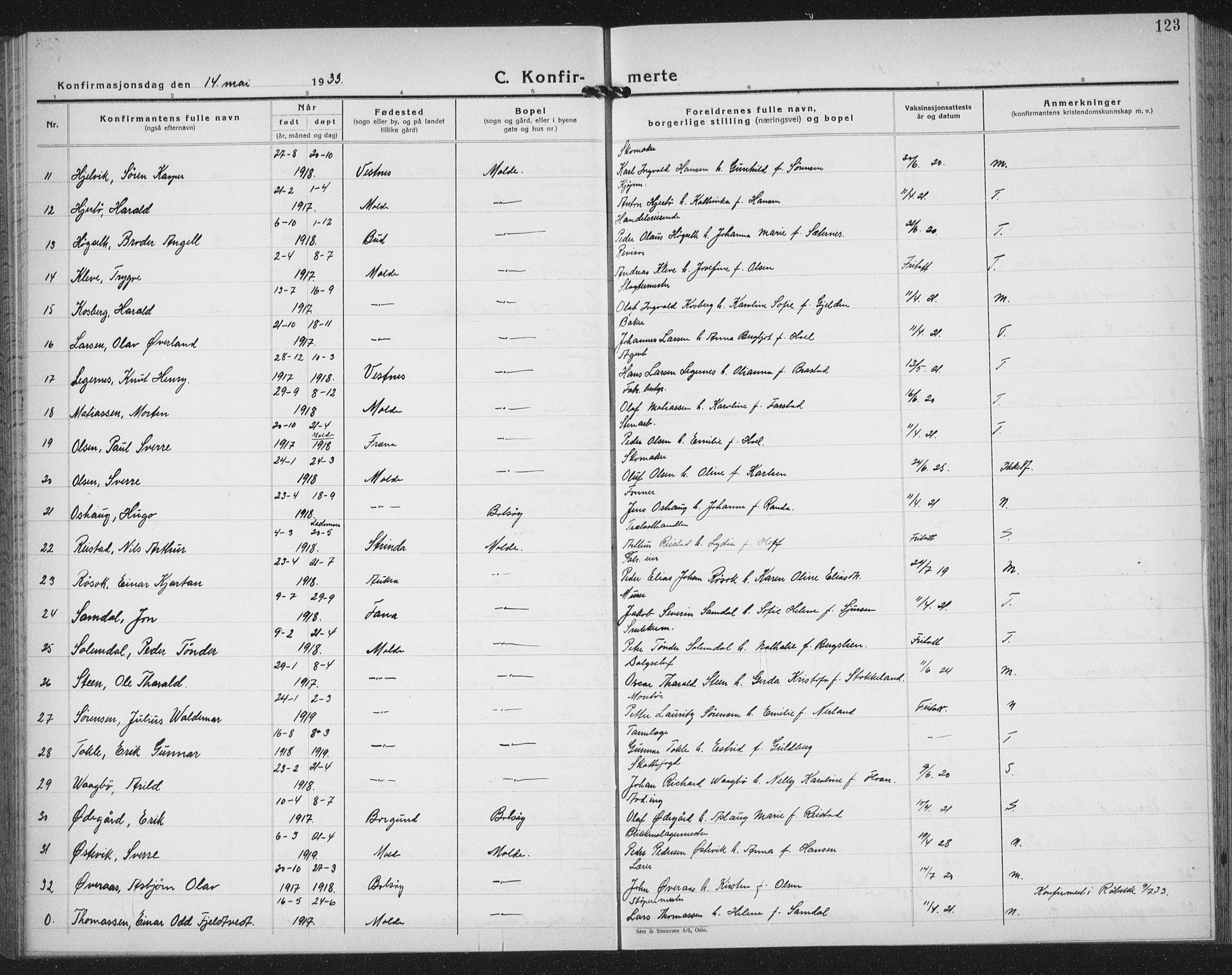 Ministerialprotokoller, klokkerbøker og fødselsregistre - Møre og Romsdal, AV/SAT-A-1454/558/L0704: Parish register (copy) no. 558C05, 1921-1942, p. 123