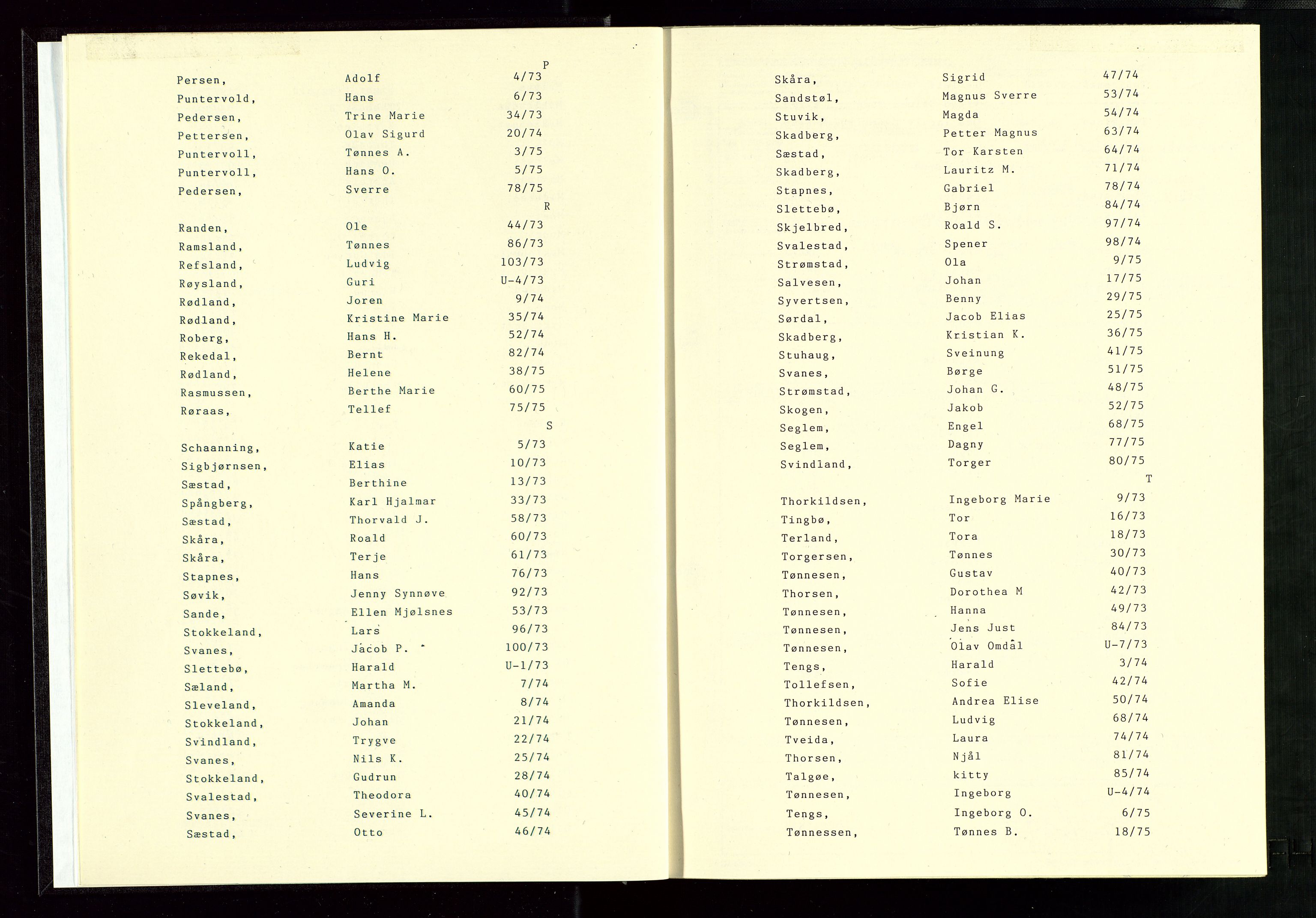 Eigersund lensmannskontor, SAST/A-100171/Gga/L0023: "Lensmannens dødsfallsprotokoll" m/alfabetisk navneregister, 1973-1975