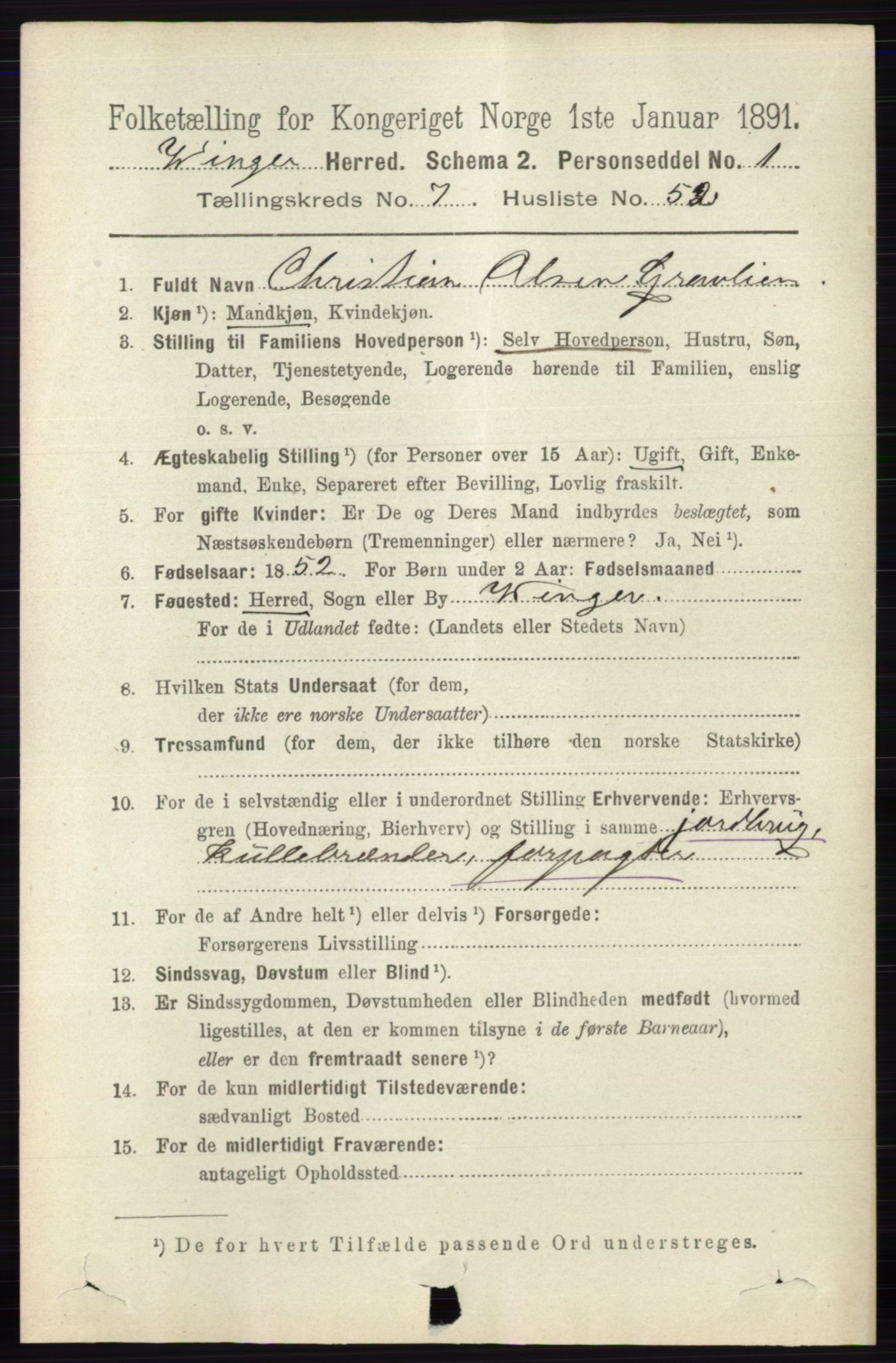 RA, 1891 census for 0421 Vinger, 1891, p. 3516