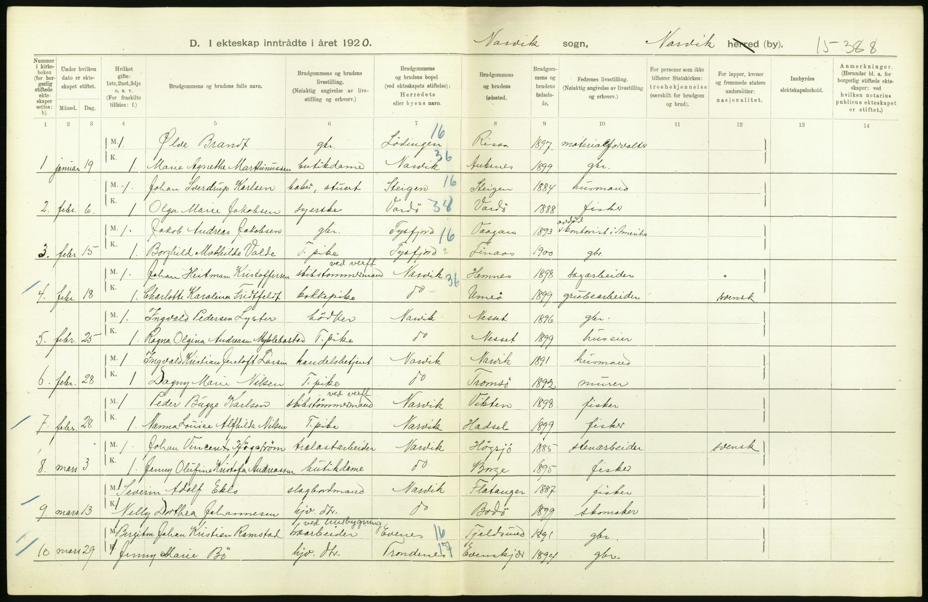 Statistisk sentralbyrå, Sosiodemografiske emner, Befolkning, AV/RA-S-2228/D/Df/Dfb/Dfbj/L0057: Nordland fylke: Gifte, dødfødte. Bygder og byer., 1920, p. 16