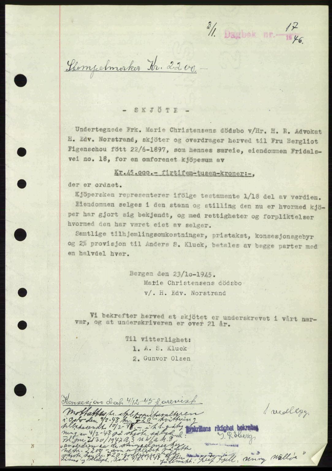 Byfogd og Byskriver i Bergen, SAB/A-3401/03/03Bc/L0022: Mortgage book no. A18, 1946-1946, Diary no: : 17/1946