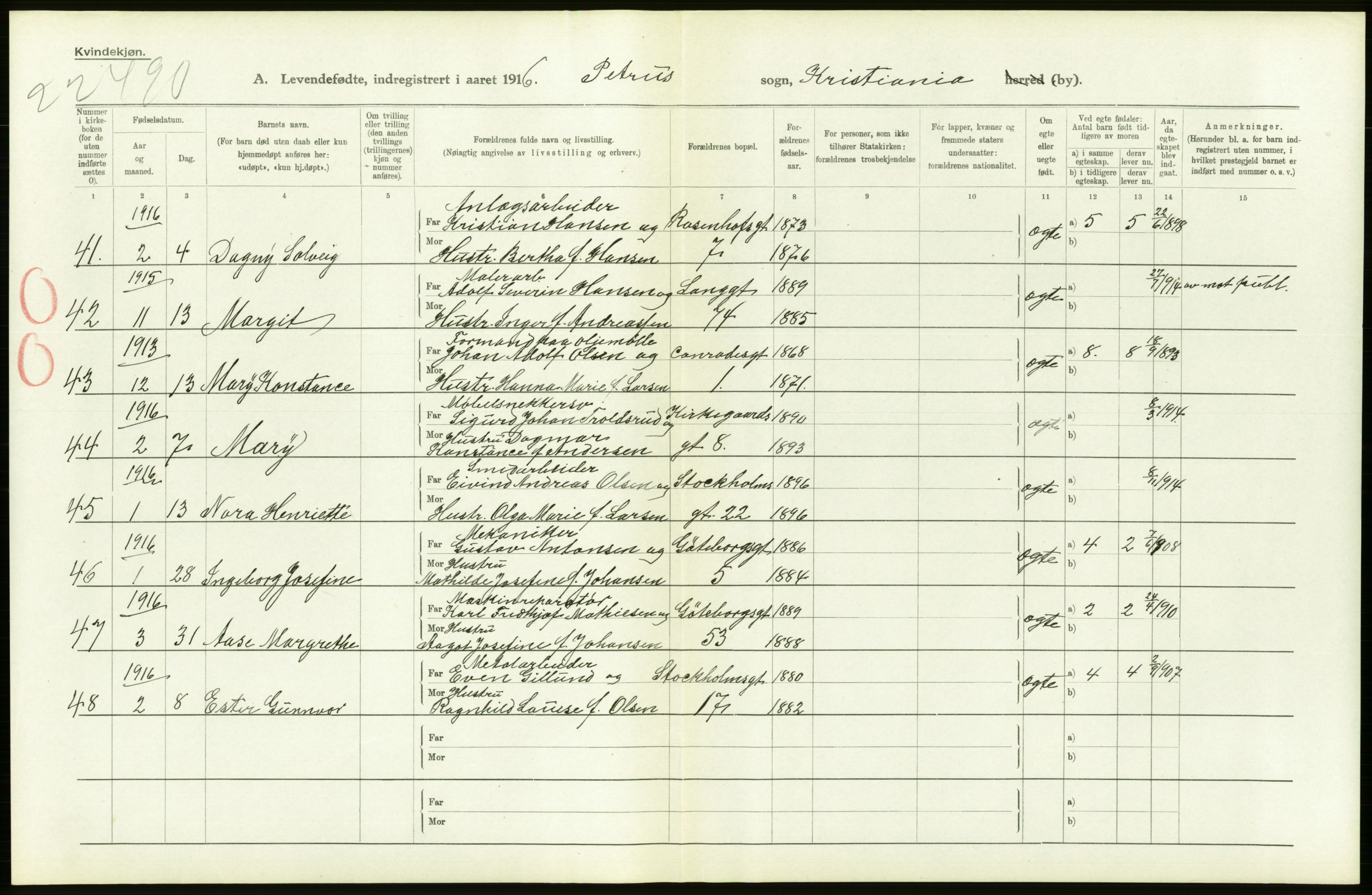 Statistisk sentralbyrå, Sosiodemografiske emner, Befolkning, AV/RA-S-2228/D/Df/Dfb/Dfbf/L0006: Kristiania: Levendefødte menn og kvinner., 1916, p. 606