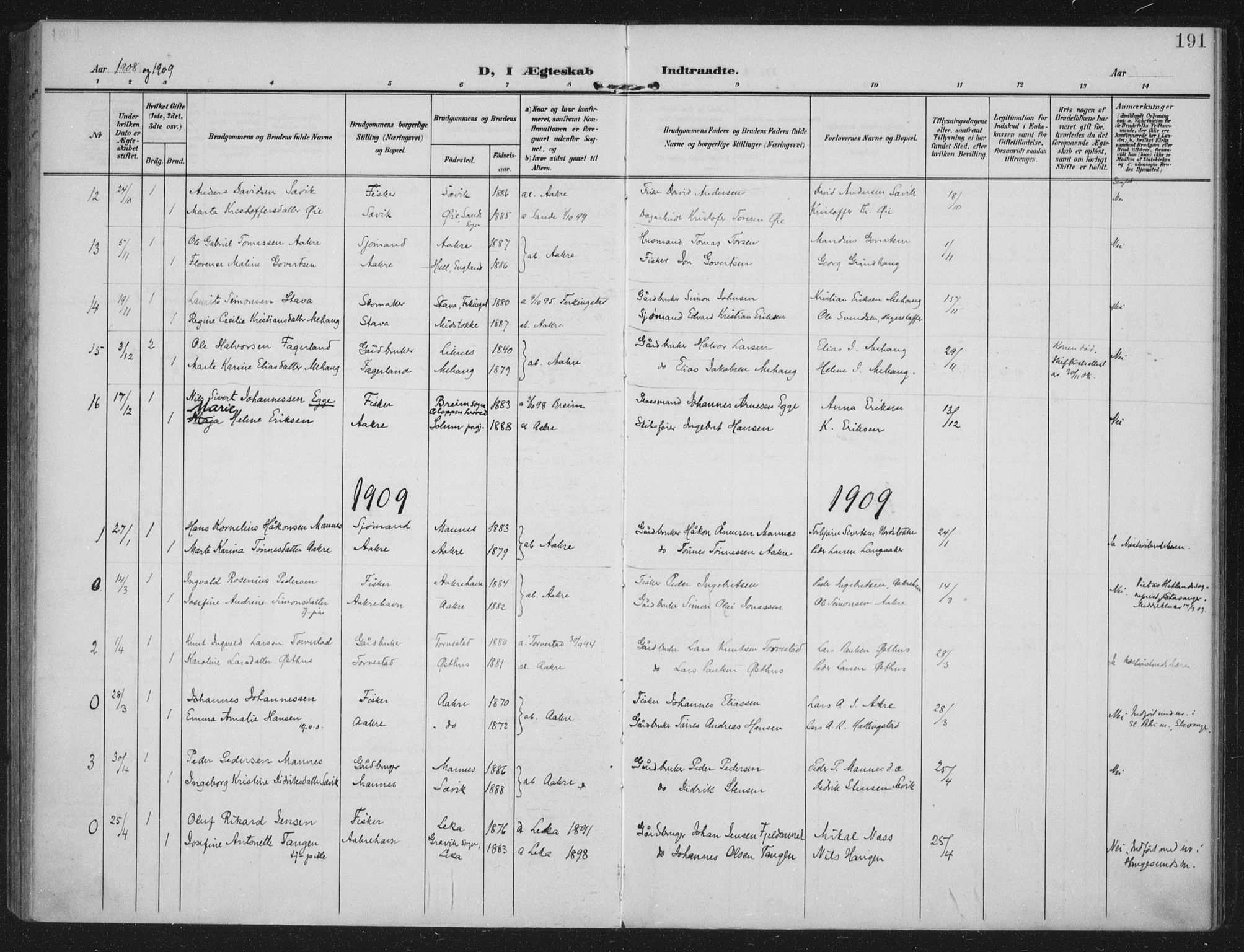 Kopervik sokneprestkontor, SAST/A-101850/H/Ha/Haa/L0005: Parish register (official) no. A 5, 1906-1924, p. 191