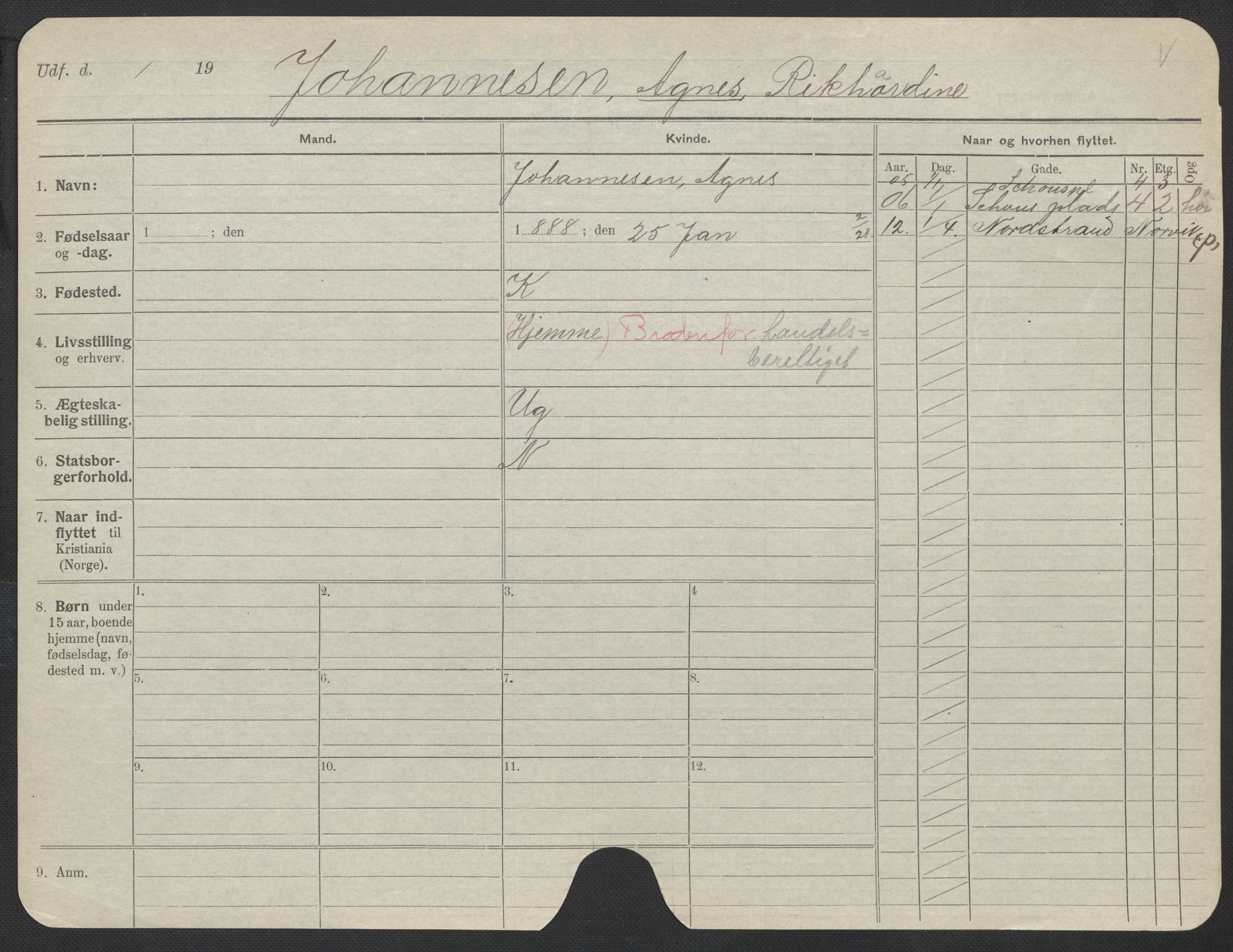 Oslo folkeregister, Registerkort, AV/SAO-A-11715/F/Fa/Fac/L0017: Kvinner, 1906-1914, p. 574a