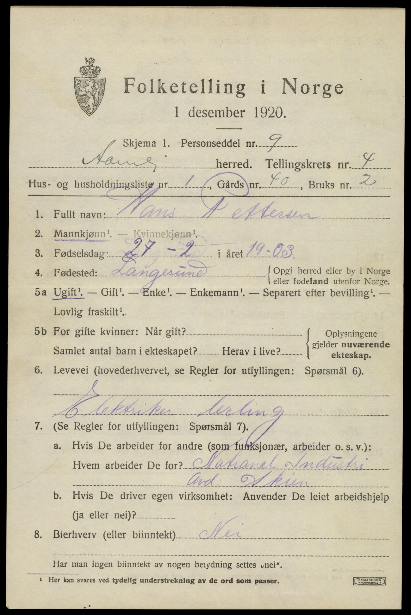 SAK, 1920 census for Åmli, 1920, p. 1867