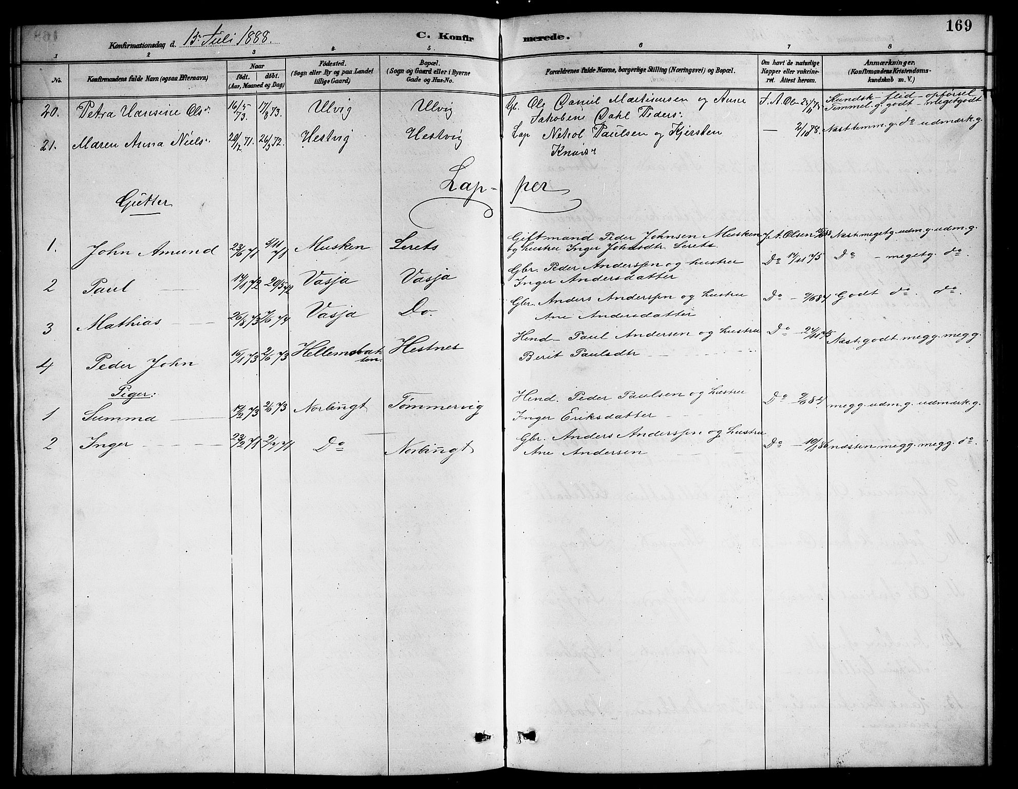 Ministerialprotokoller, klokkerbøker og fødselsregistre - Nordland, AV/SAT-A-1459/861/L0876: Parish register (copy) no. 861C02, 1887-1903, p. 169