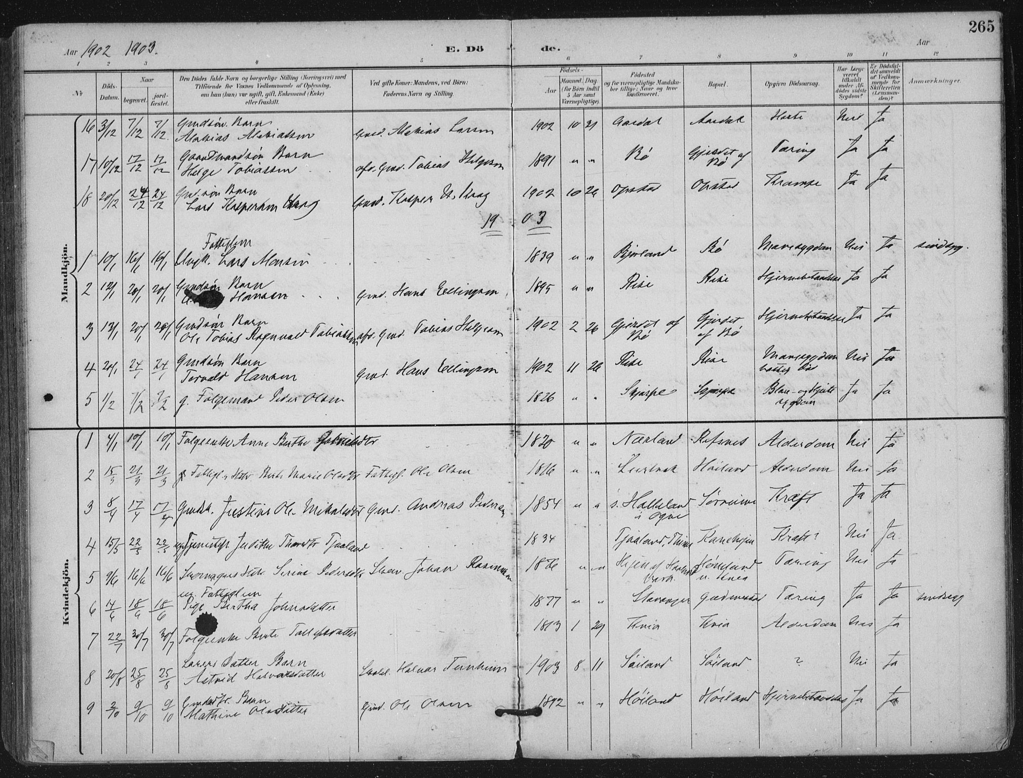 Hå sokneprestkontor, AV/SAST-A-101801/001/30BA/L0012: Parish register (official) no. A 11, 1897-1924, p. 265