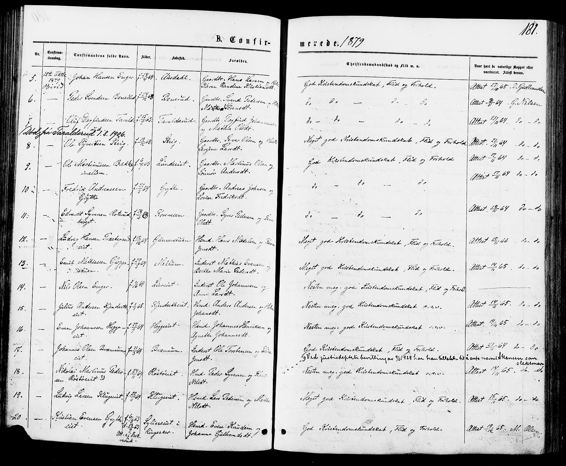 Biri prestekontor, SAH/PREST-096/H/Ha/Haa/L0006: Parish register (official) no. 6, 1877-1886, p. 181