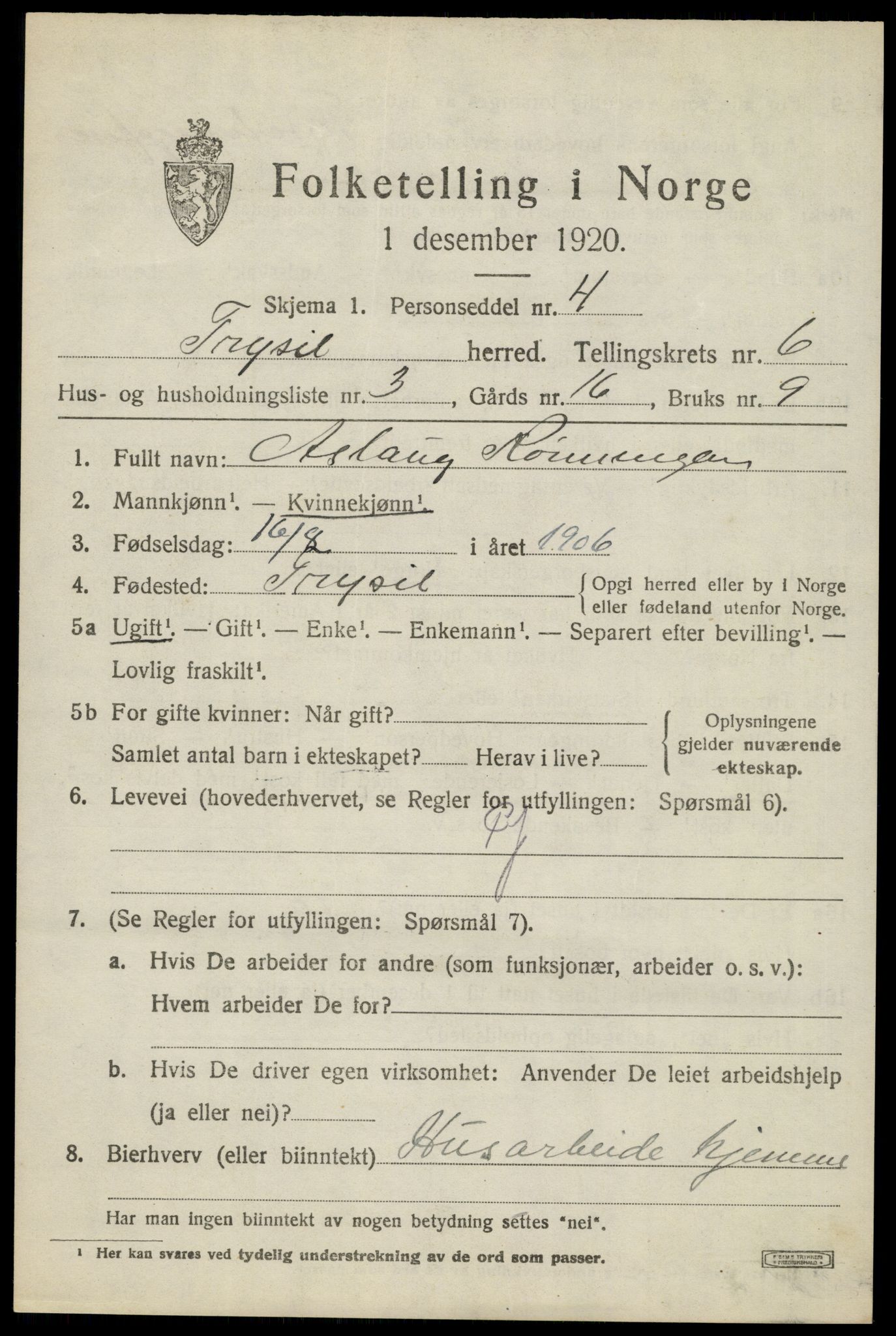 SAH, 1920 census for Trysil, 1920, p. 4573