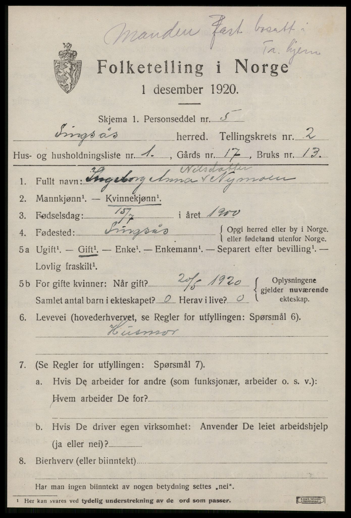 SAT, 1920 census for Singsås, 1920, p. 1131