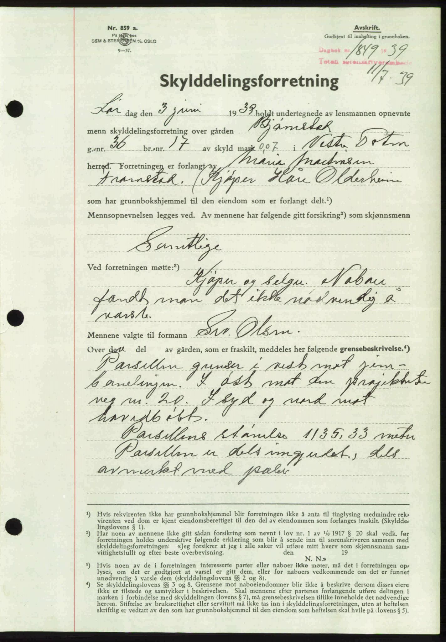 Toten tingrett, AV/SAH-TING-006/H/Hb/Hbc/L0006: Mortgage book no. Hbc-06, 1939-1939, Diary no: : 1849/1939