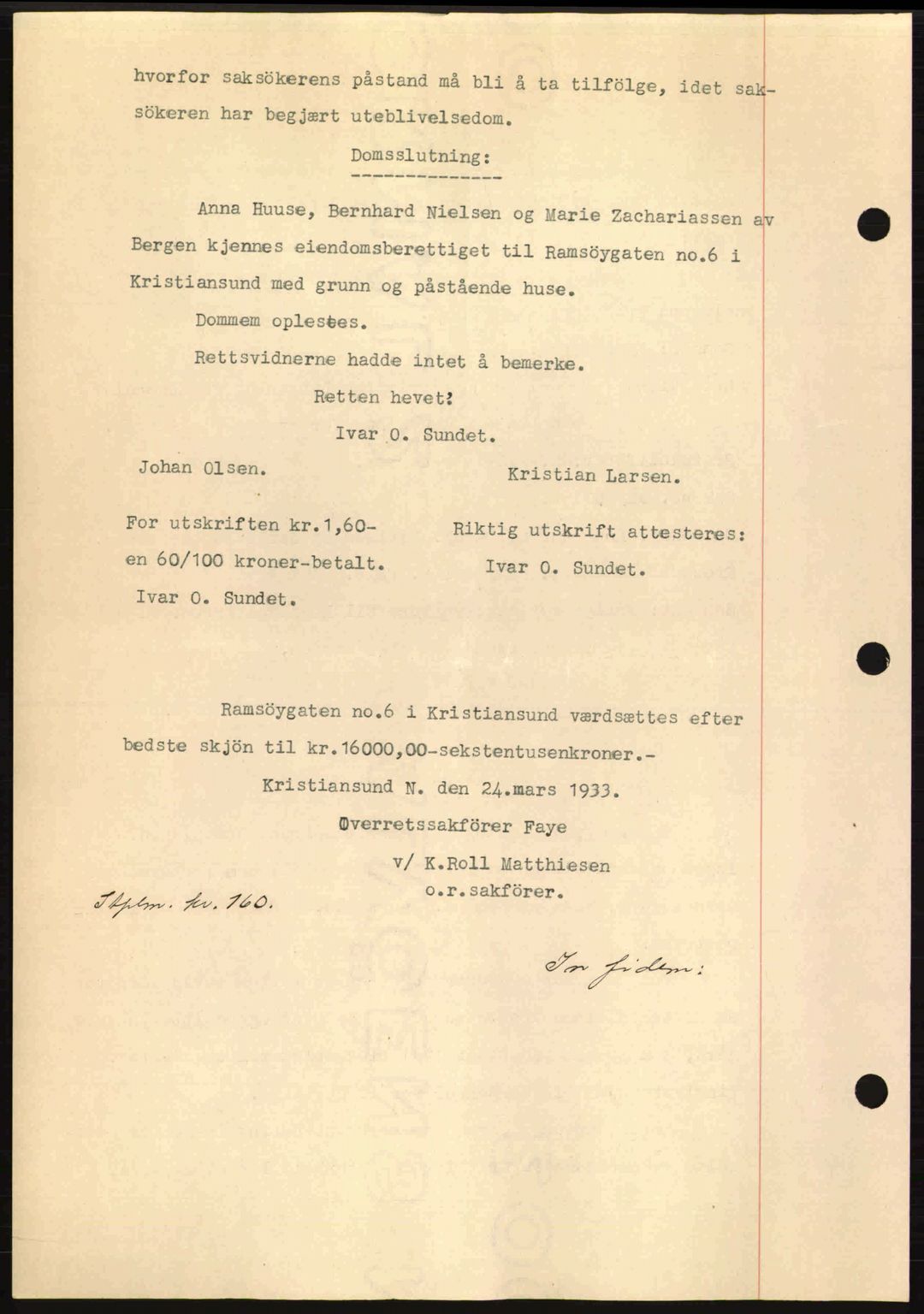 Kristiansund byfogd, AV/SAT-A-4587/A/27: Mortgage book no. 26, 1931-1933, Deed date: 28.03.1933