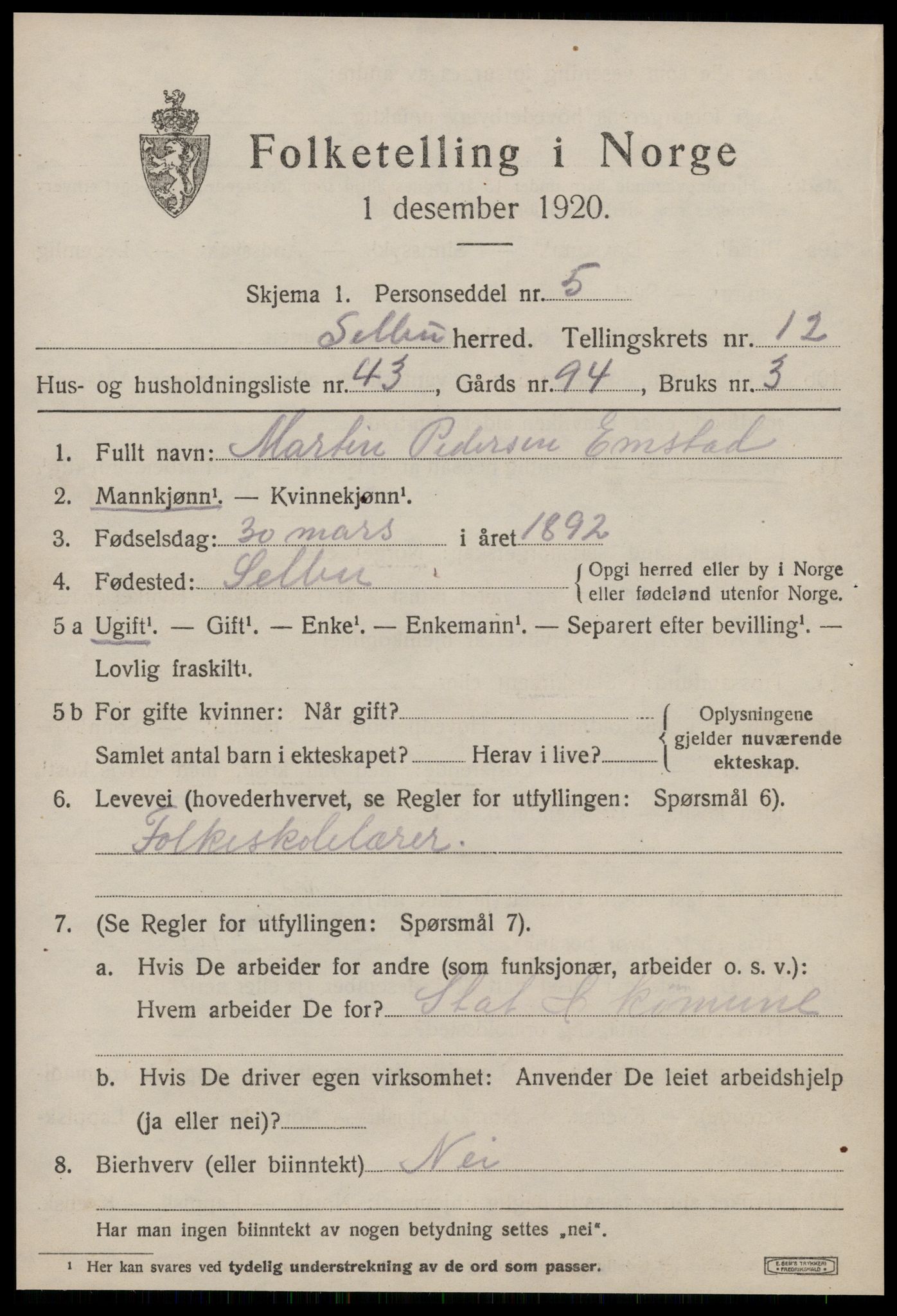 SAT, 1920 census for Selbu, 1920, p. 6998