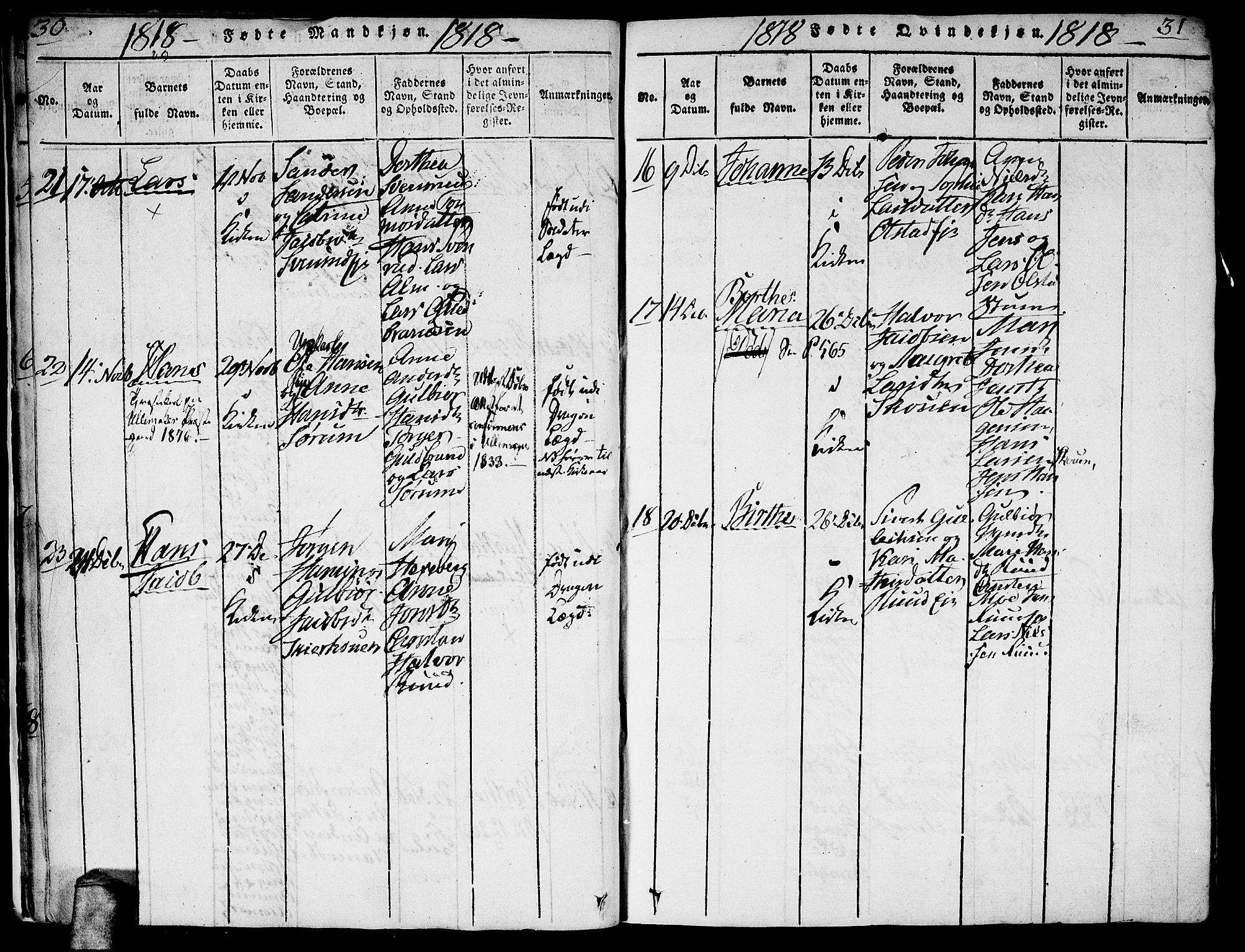 Gjerdrum prestekontor Kirkebøker, AV/SAO-A-10412b/G/Ga/L0001: Parish register (copy) no. I 1, 1816-1837, p. 30-31