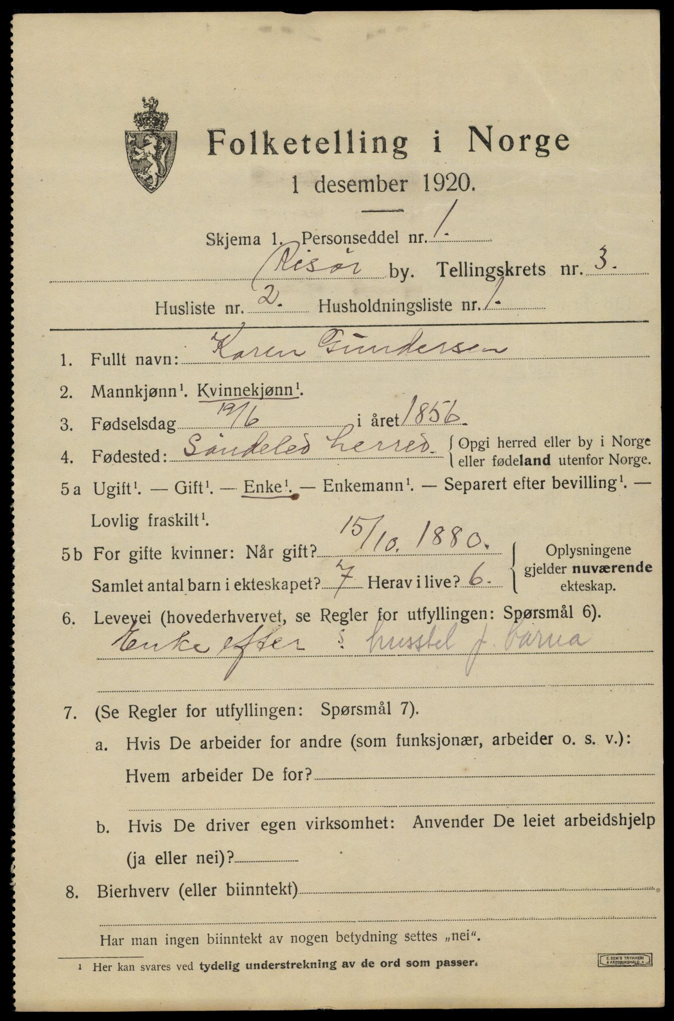 SAK, 1920 census for Risør, 1920, p. 7719