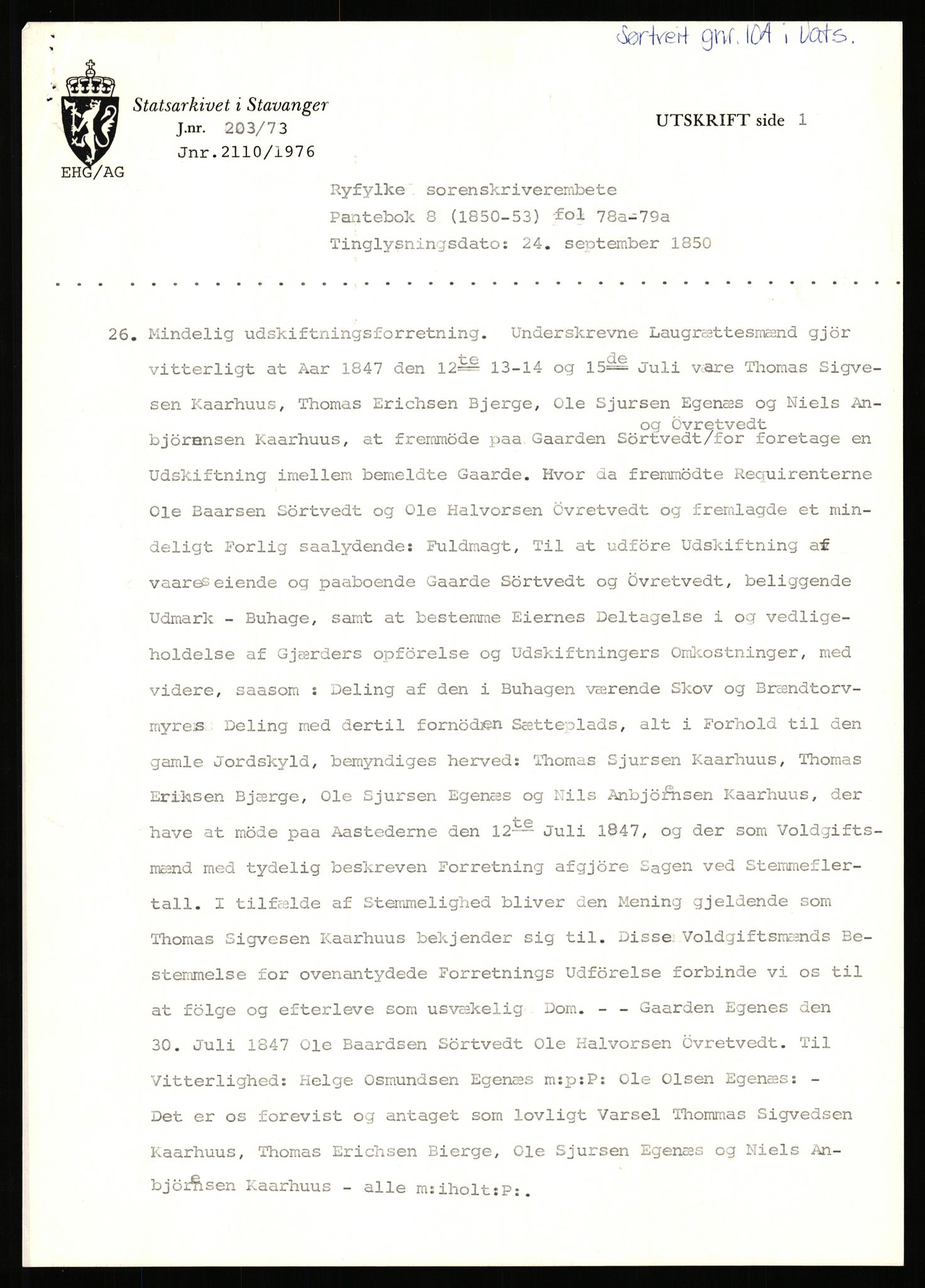 Statsarkivet i Stavanger, SAST/A-101971/03/Y/Yj/L0085: Avskrifter sortert etter gårdsnavn: Sørhus - Tastad øvre, 1750-1930, p. 106