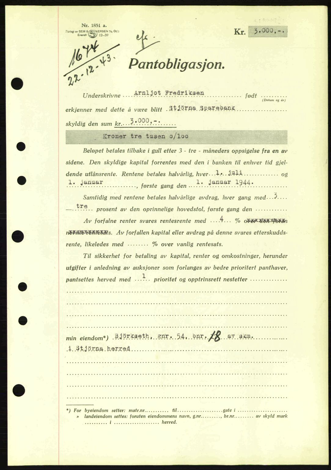 Fosen sorenskriveri, AV/SAT-A-1107/1/2/2C: Mortgage book no. B1, 1943-1945, Diary no: : 1674/1943