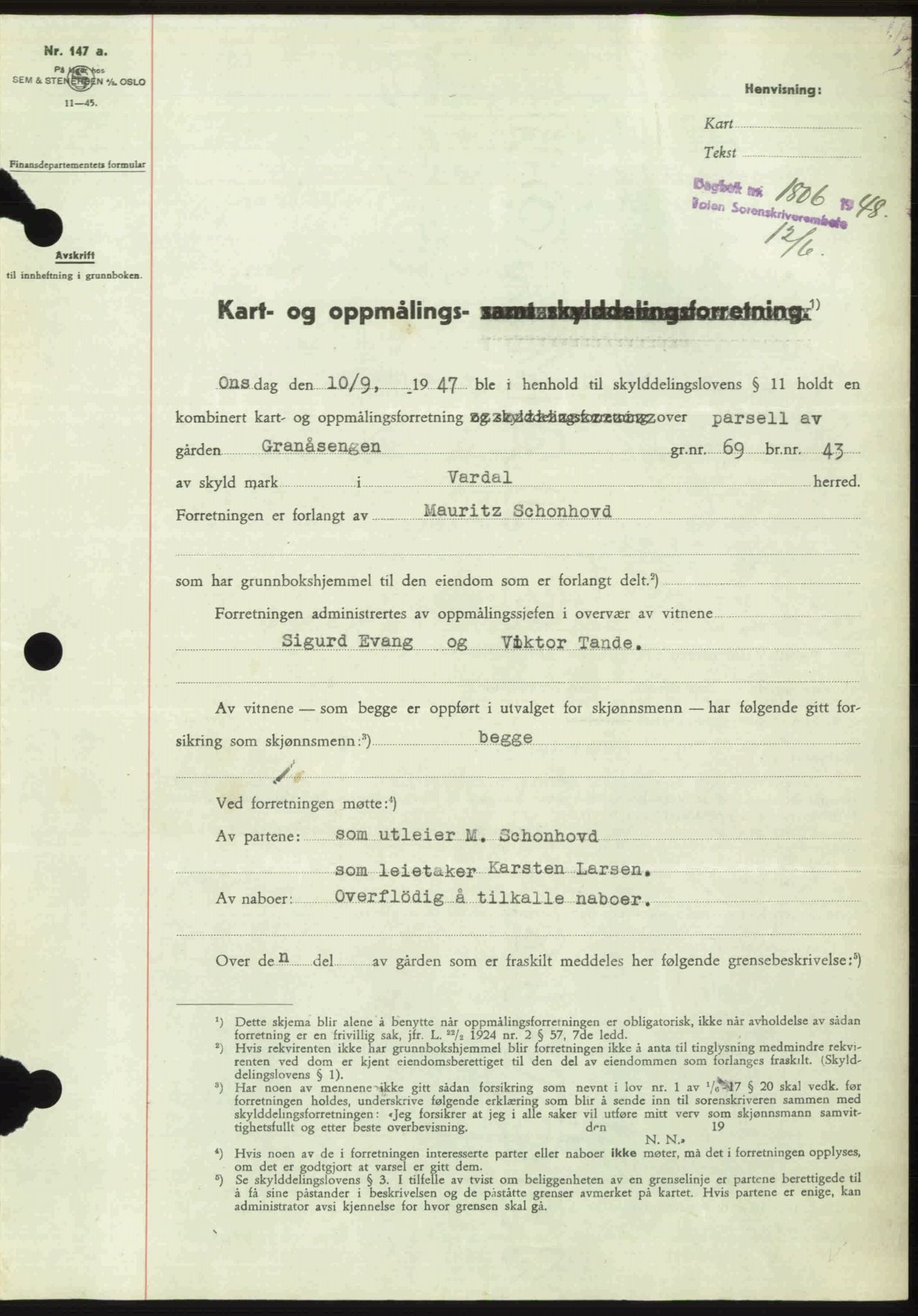 Toten tingrett, SAH/TING-006/H/Hb/Hbc/L0020: Mortgage book no. Hbc-20, 1948-1948, Diary no: : 1806/1948