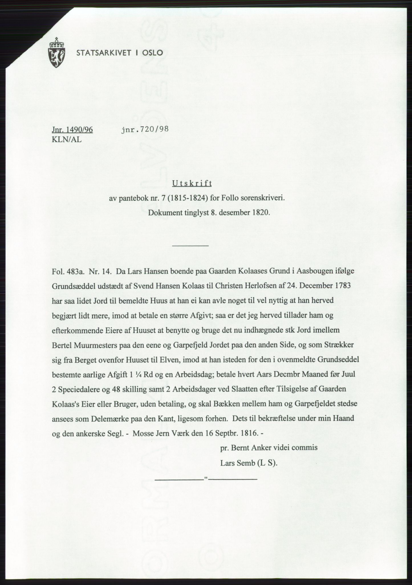 Statsarkivet i Oslo, AV/SAO-A-10621/Z/Zd/L0050: Avskrifter, 1994-1998, p. 445