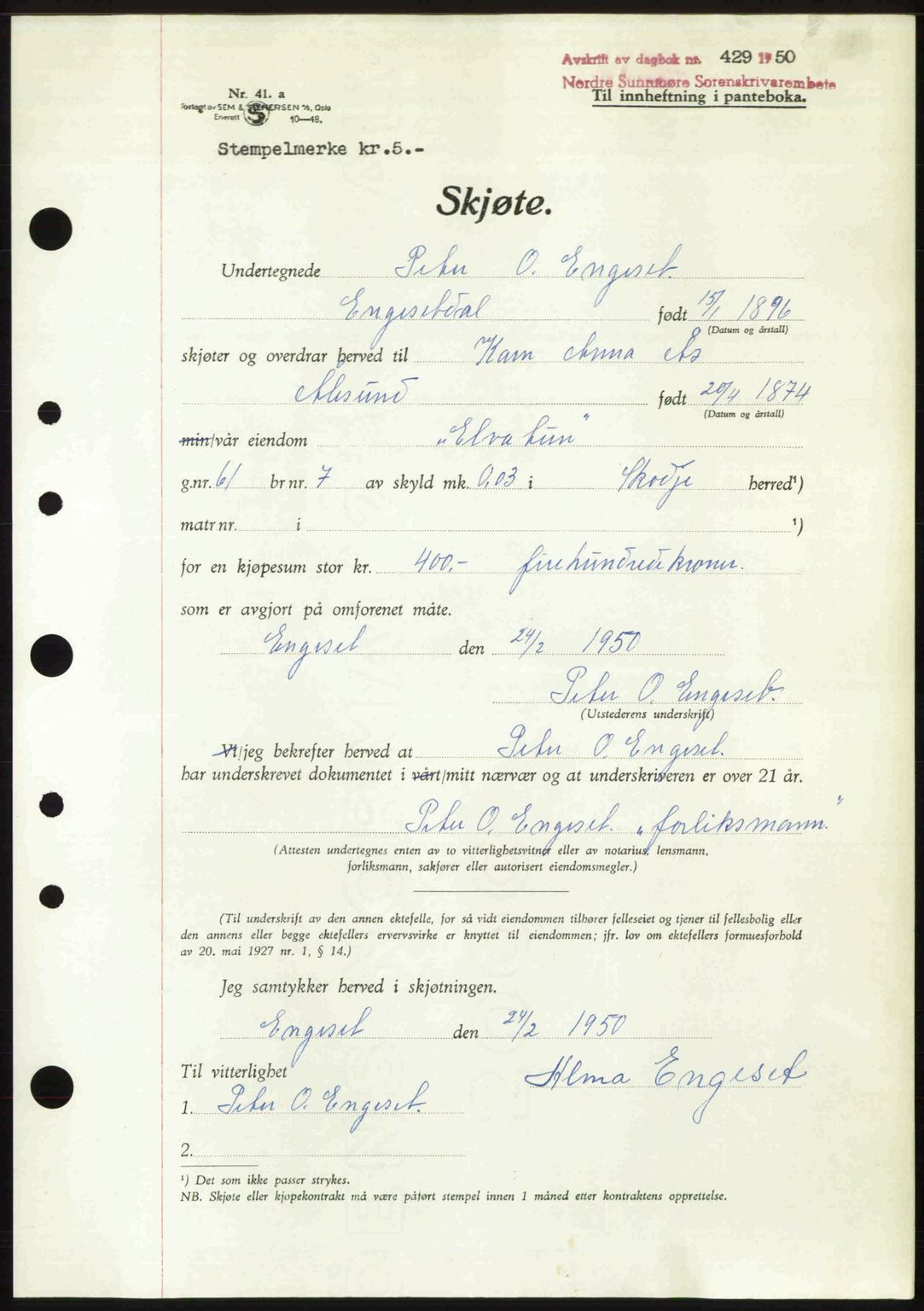 Nordre Sunnmøre sorenskriveri, AV/SAT-A-0006/1/2/2C/2Ca: Mortgage book no. A33, 1949-1950, Diary no: : 429/1950