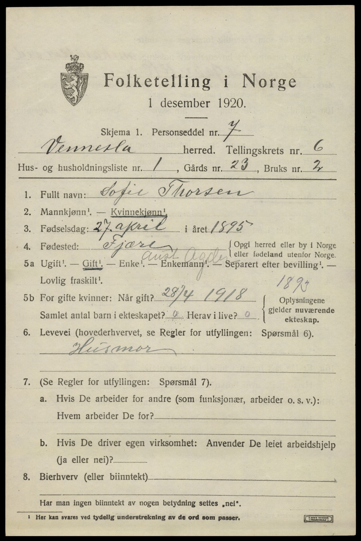 SAK, 1920 census for Vennesla, 1920, p. 4314