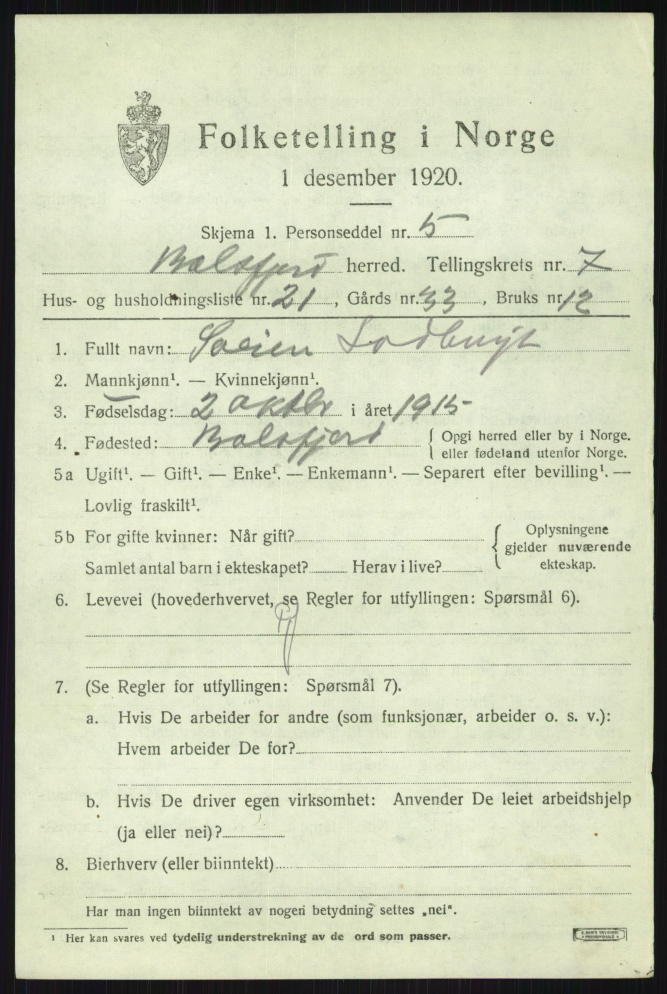 SATØ, 1920 census for Balsfjord, 1920, p. 4454