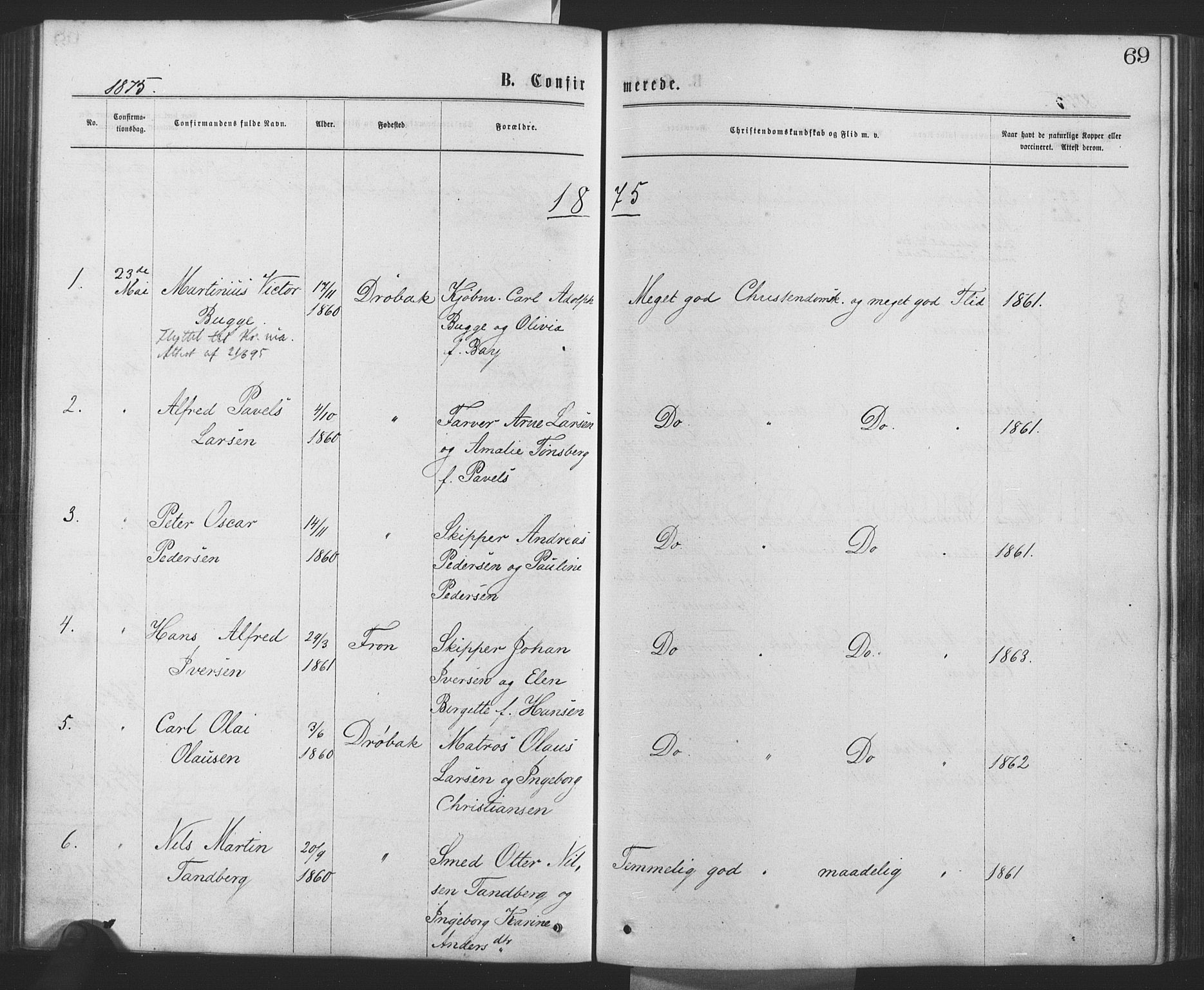 Drøbak prestekontor Kirkebøker, SAO/A-10142a/F/Fa/L0003: Parish register (official) no. I 3, 1871-1877, p. 69