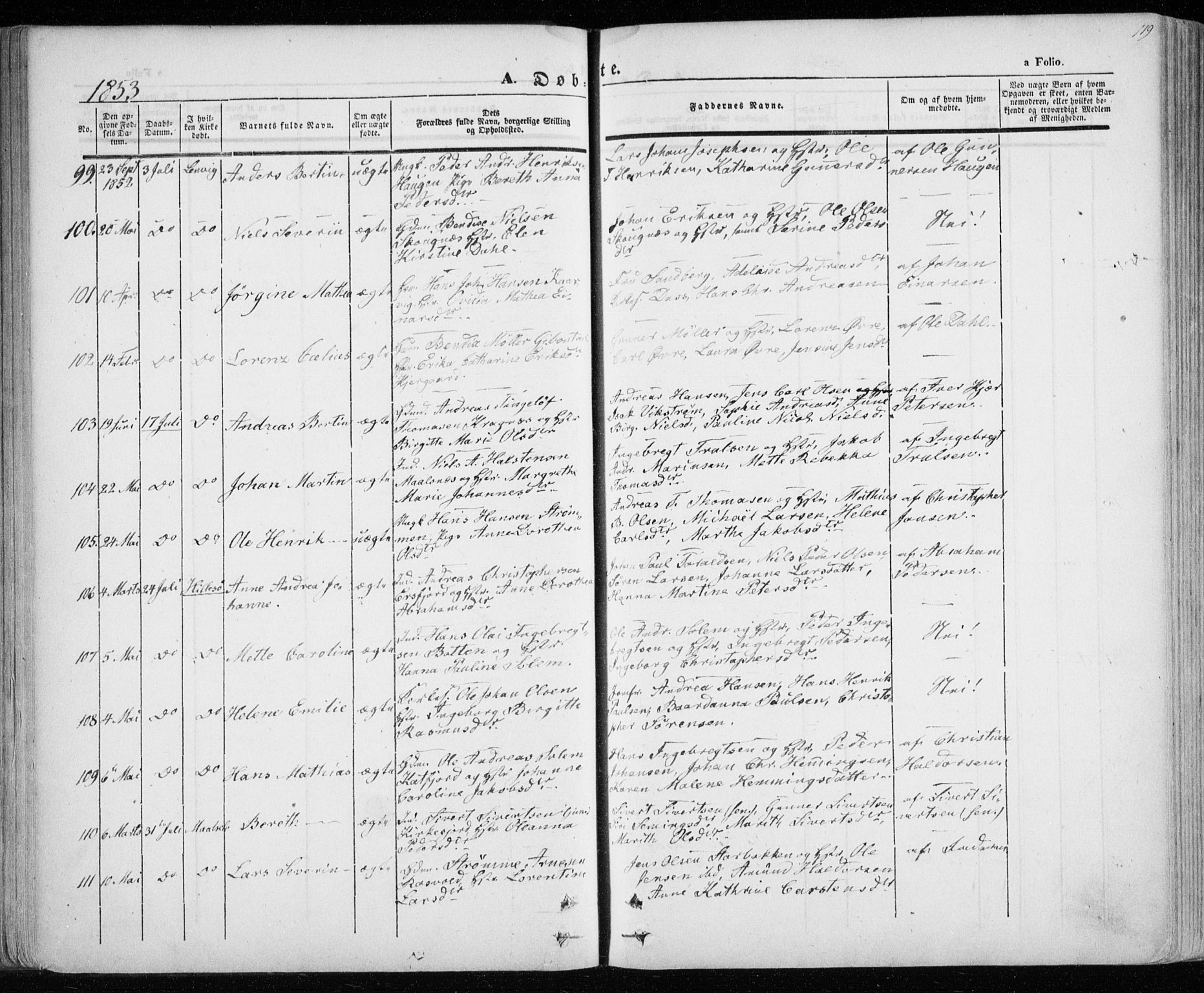 Lenvik sokneprestembete, AV/SATØ-S-1310/H/Ha/Haa/L0006kirke: Parish register (official) no. 6, 1845-1854, p. 119