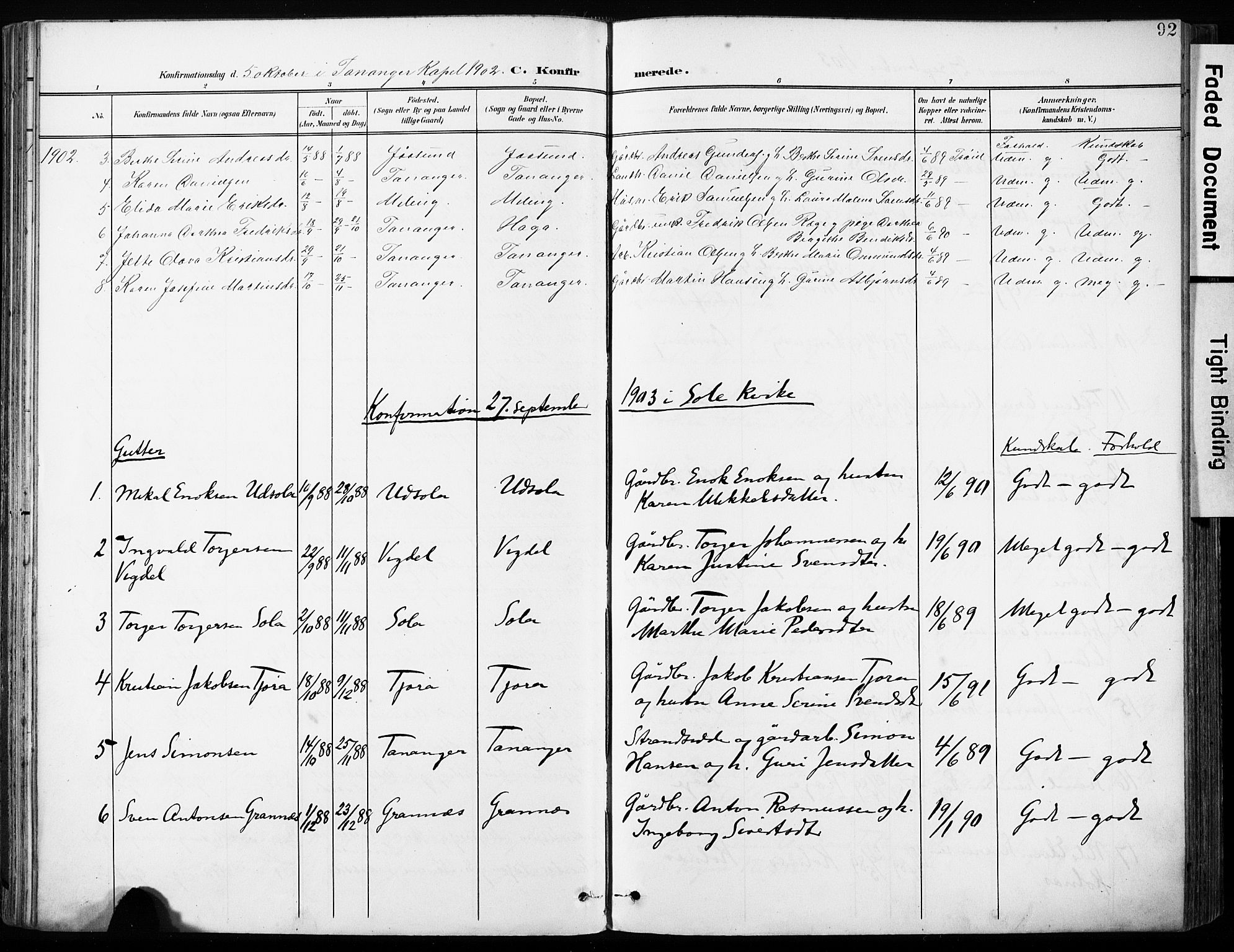 Håland sokneprestkontor, AV/SAST-A-101802/001/30BA/L0013: Parish register (official) no. A 12, 1901-1913, p. 92