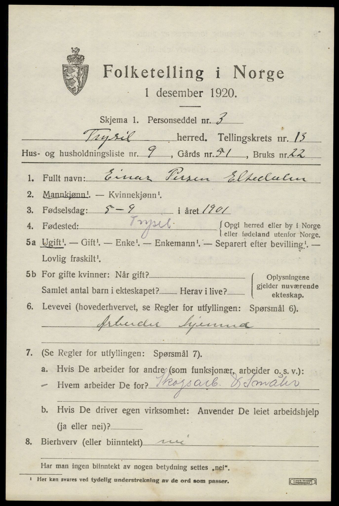SAH, 1920 census for Trysil, 1920, p. 7739