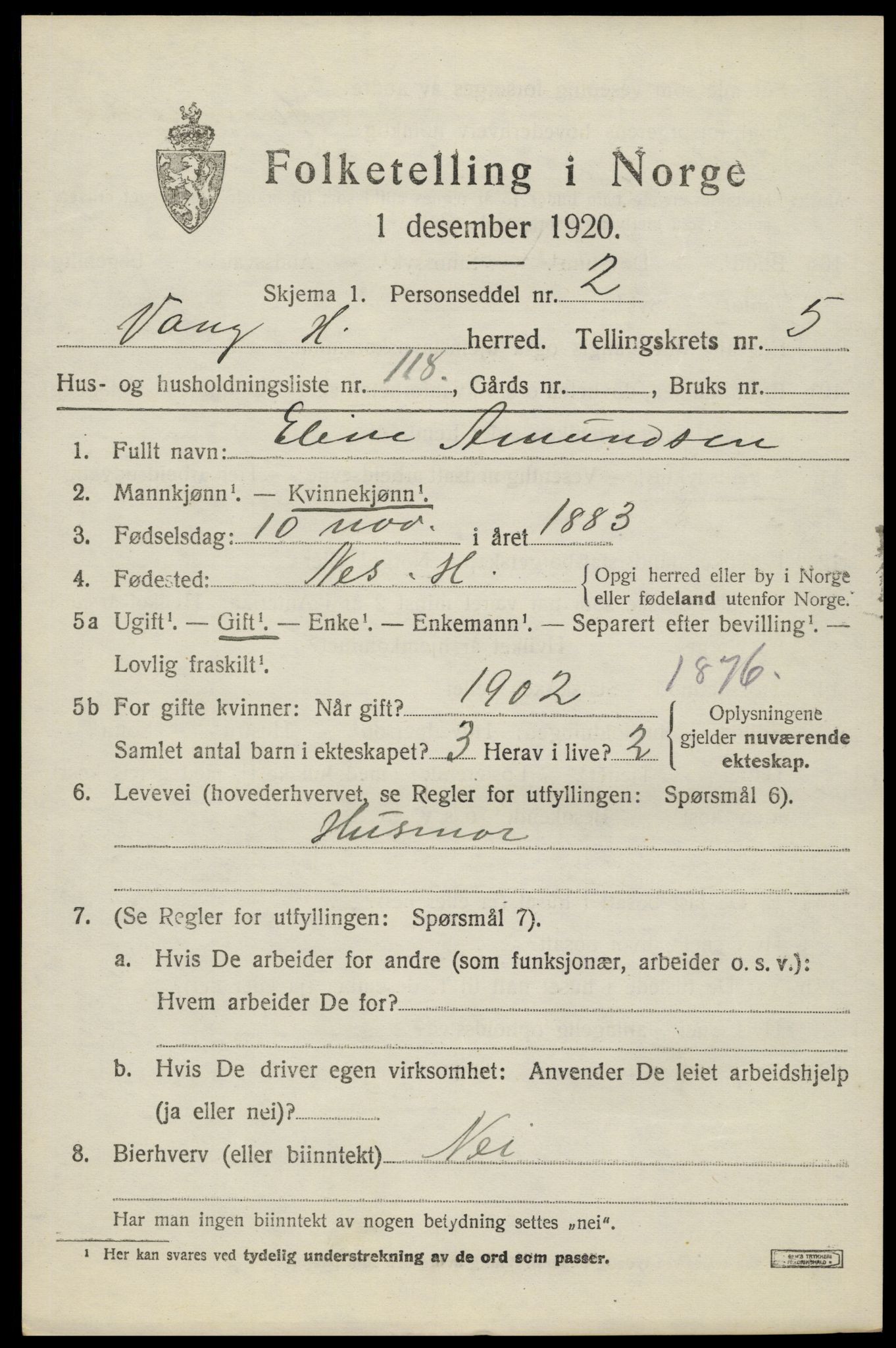 SAH, 1920 census for Vang (Hedmark), 1920, p. 15023