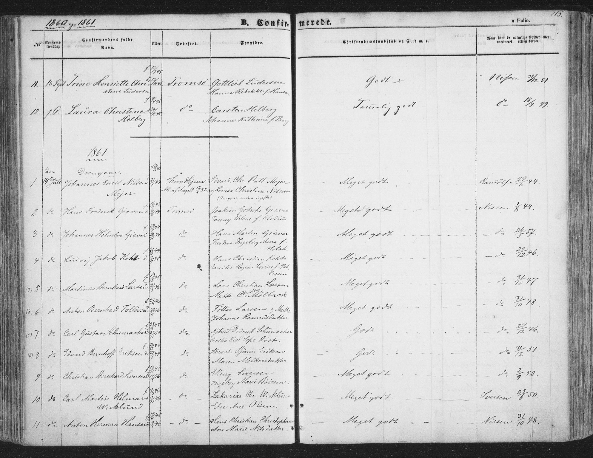 Tromsø sokneprestkontor/stiftsprosti/domprosti, AV/SATØ-S-1343/G/Ga/L0011kirke: Parish register (official) no. 11, 1856-1865, p. 115