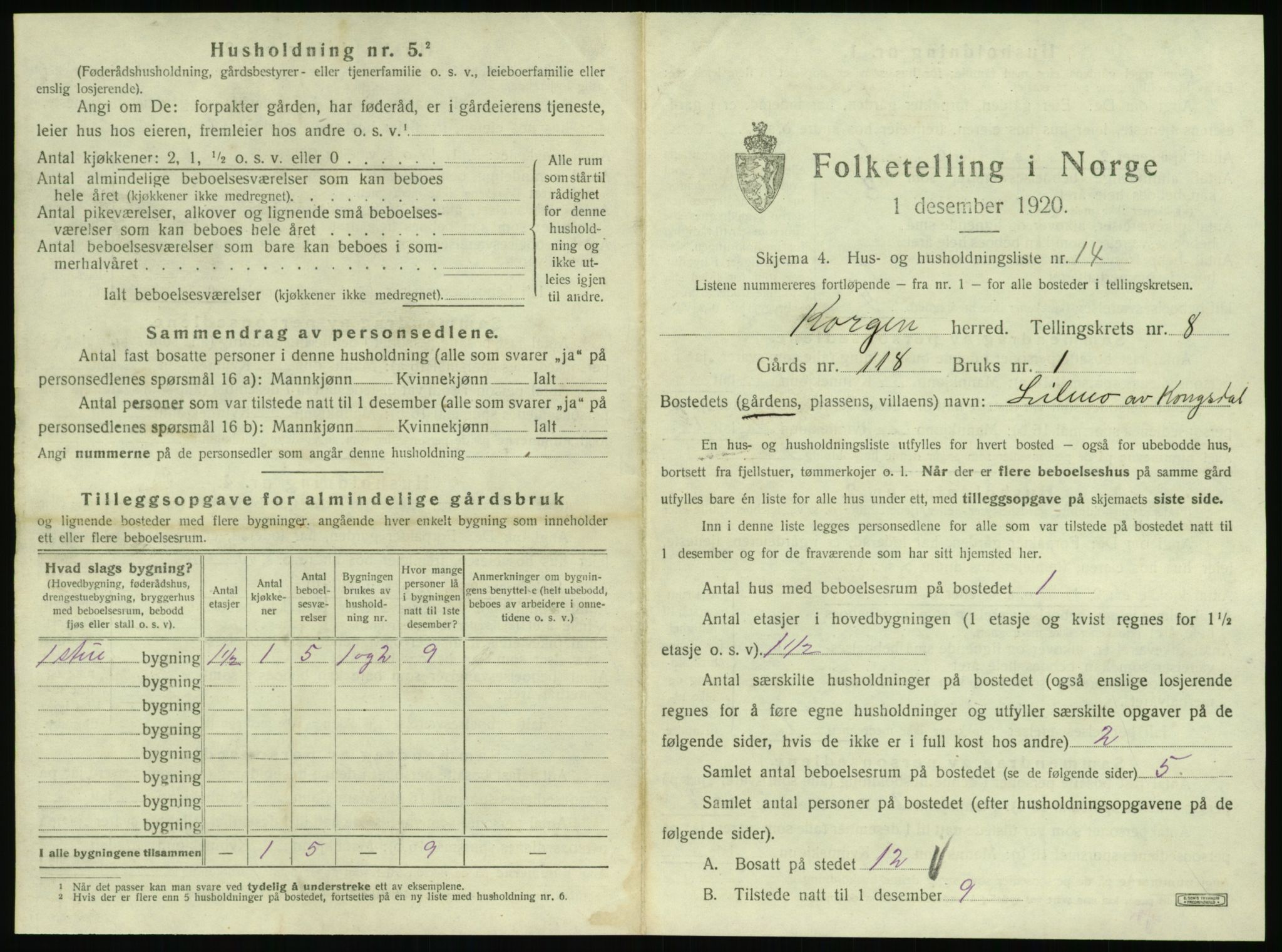 SAT, 1920 census for Korgen, 1920, p. 484