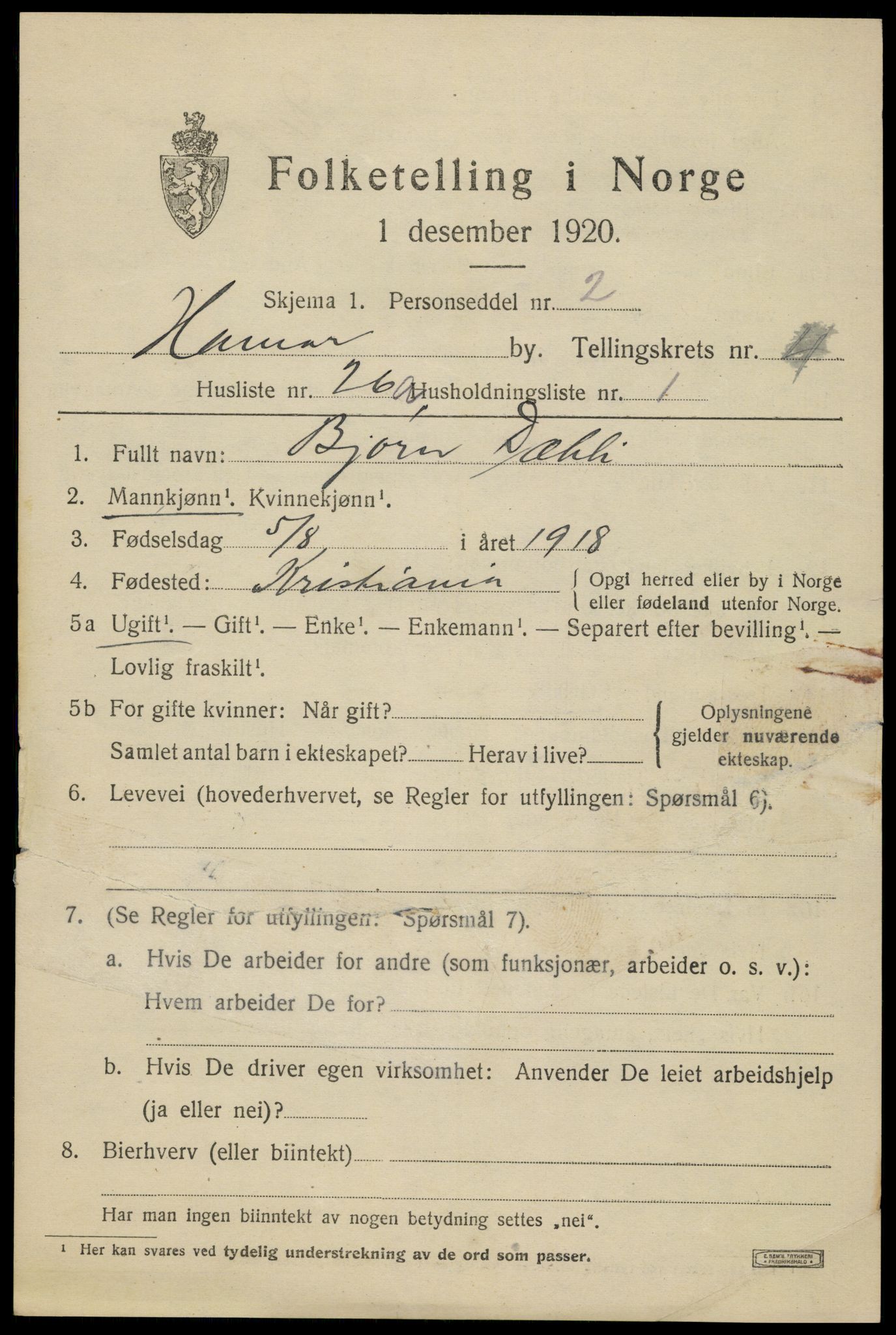 SAH, 1920 census for Hamar, 1920, p. 9063