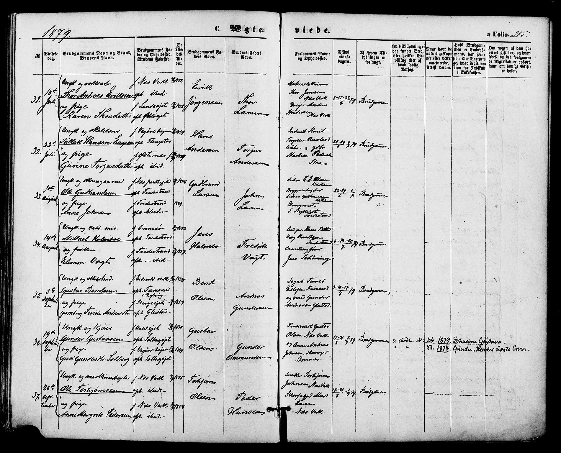 Holt sokneprestkontor, SAK/1111-0021/F/Fa/L0010: Parish register (official) no. A 10, 1872-1885, p. 285