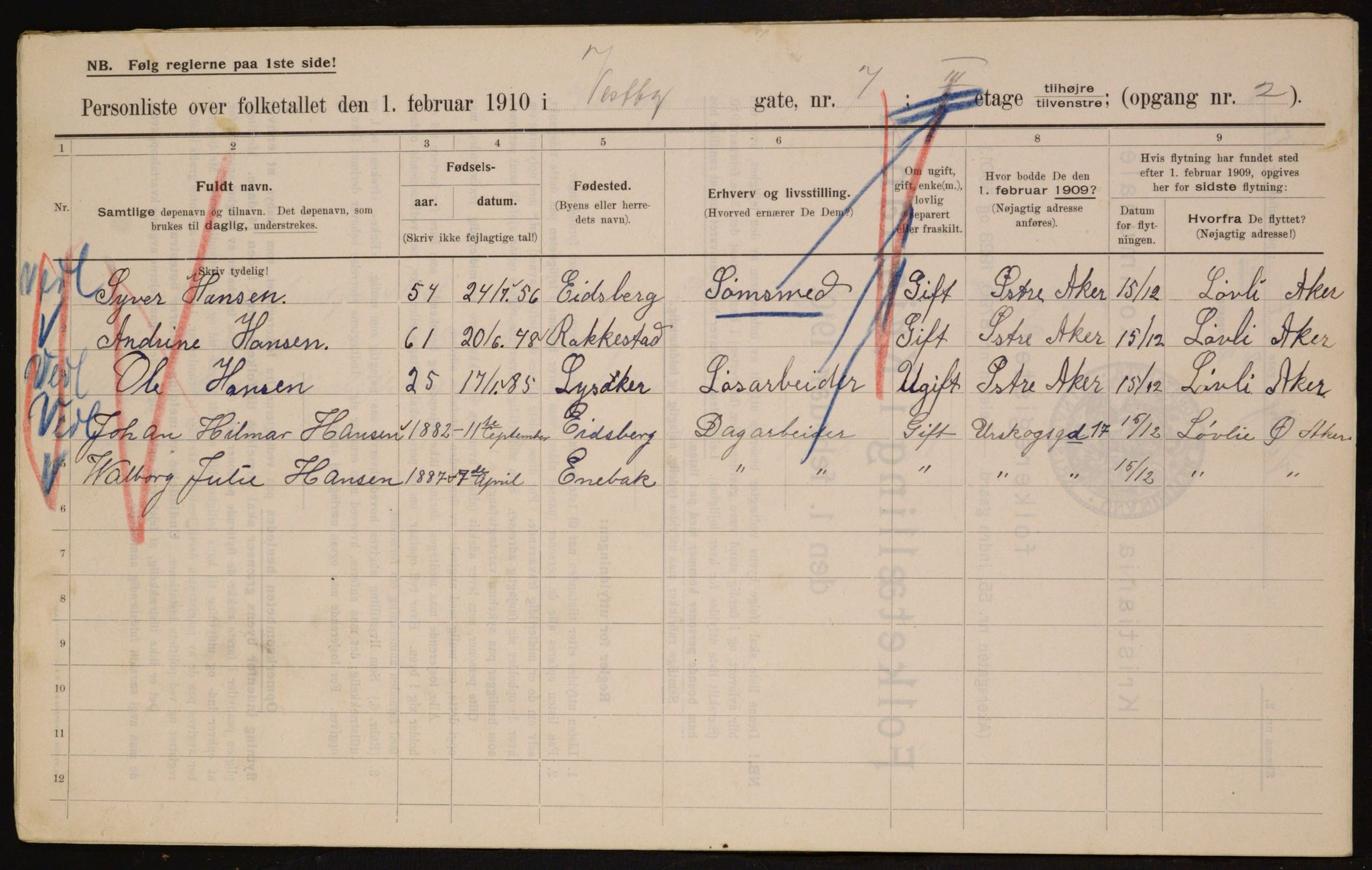 OBA, Municipal Census 1910 for Kristiania, 1910, p. 115954