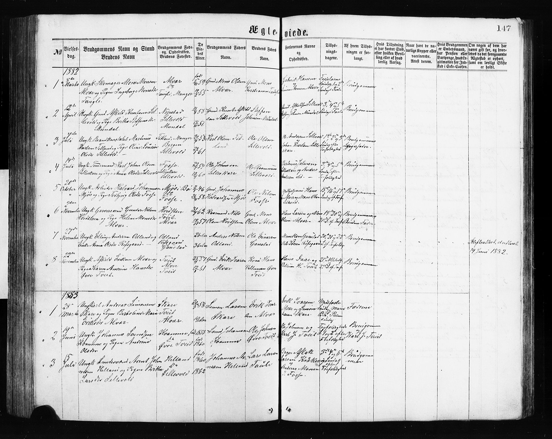 Alversund Sokneprestembete, SAB/A-73901/H/Ha/Hab: Parish register (copy) no. A 2, 1864-1905, p. 147