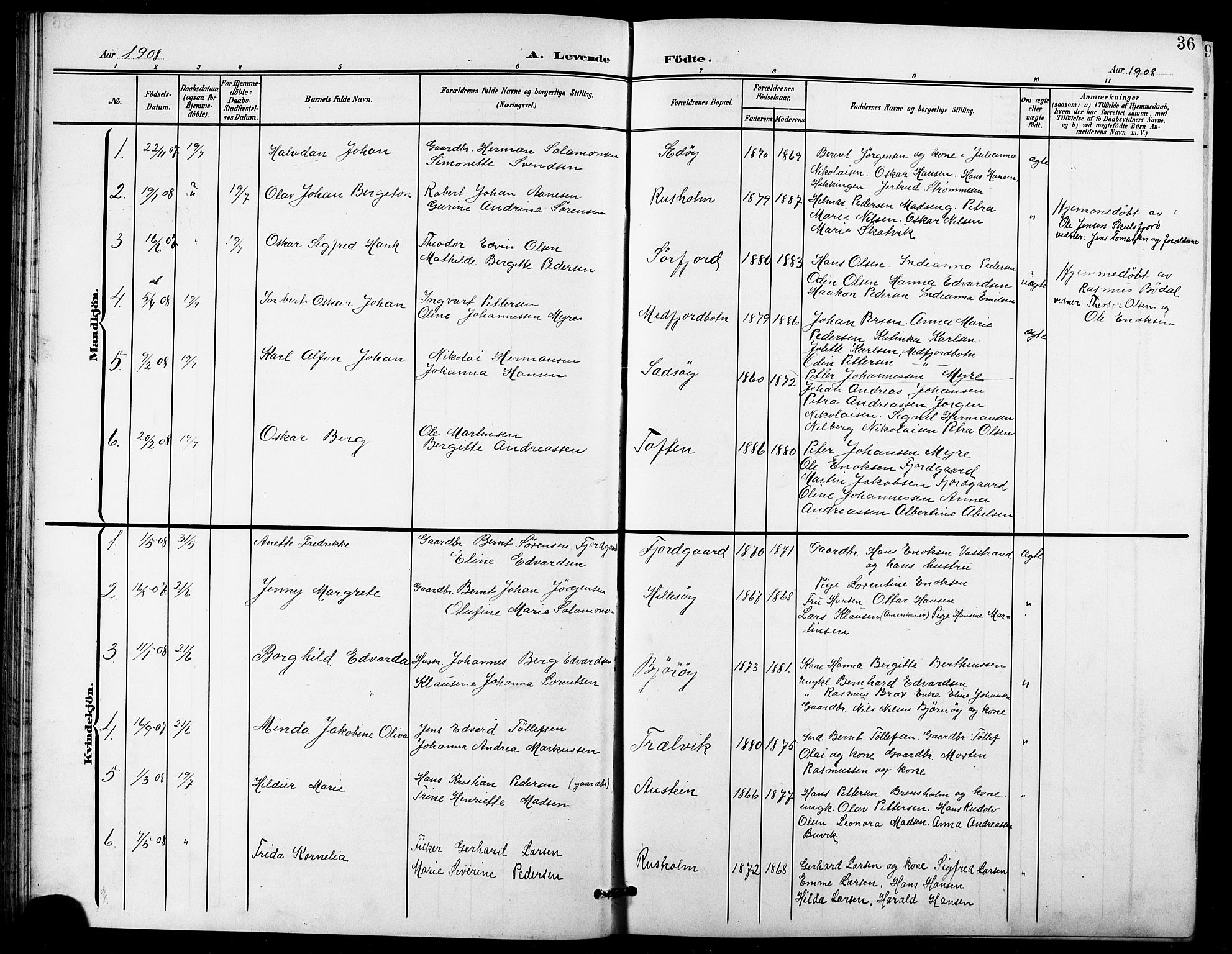 Lenvik sokneprestembete, AV/SATØ-S-1310/H/Ha/Hab/L0022klokker: Parish register (copy) no. 22, 1901-1918, p. 36