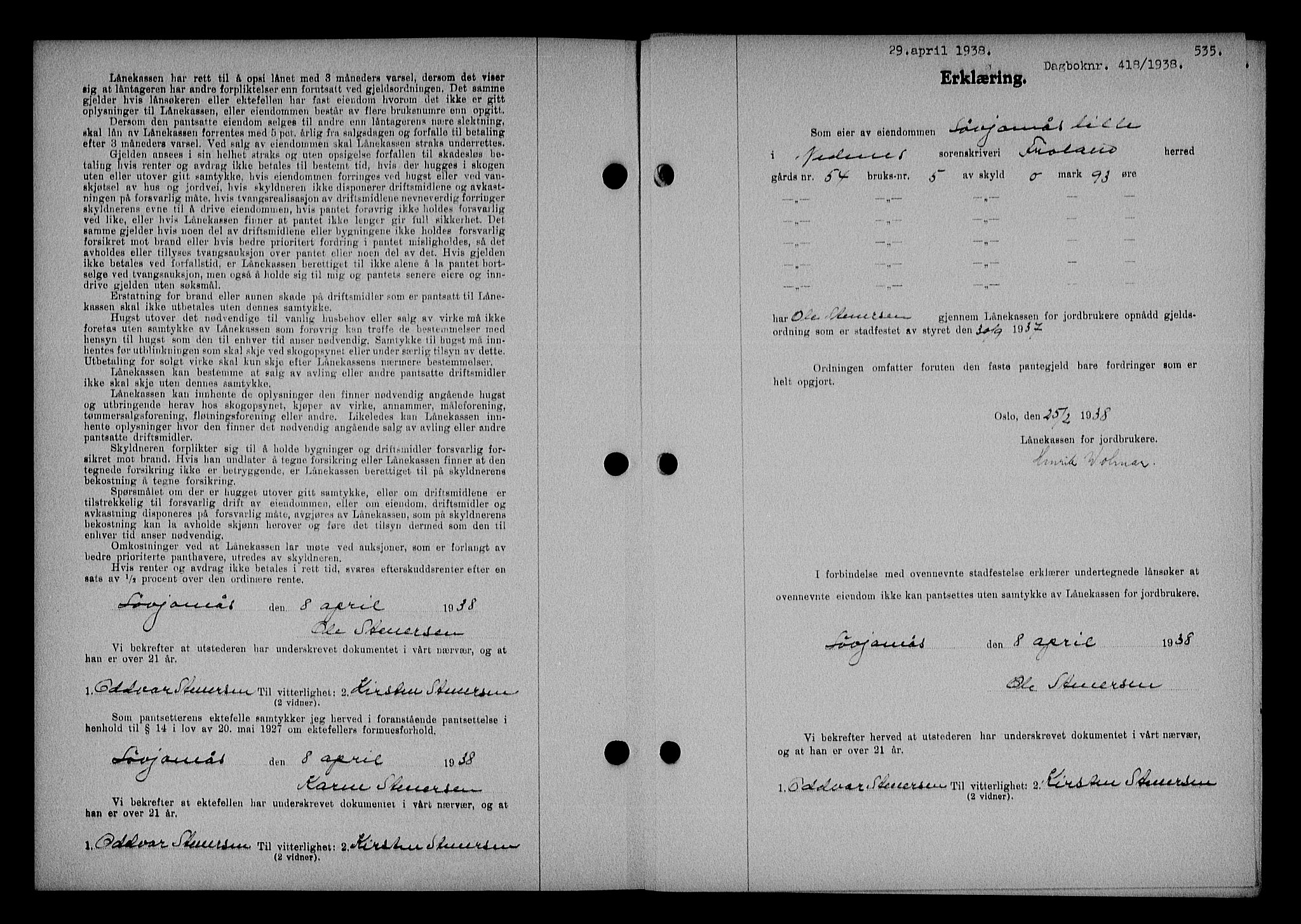 Nedenes sorenskriveri, SAK/1221-0006/G/Gb/Gba/L0044: Mortgage book no. 40, 1937-1938, Diary no: : 418/1938