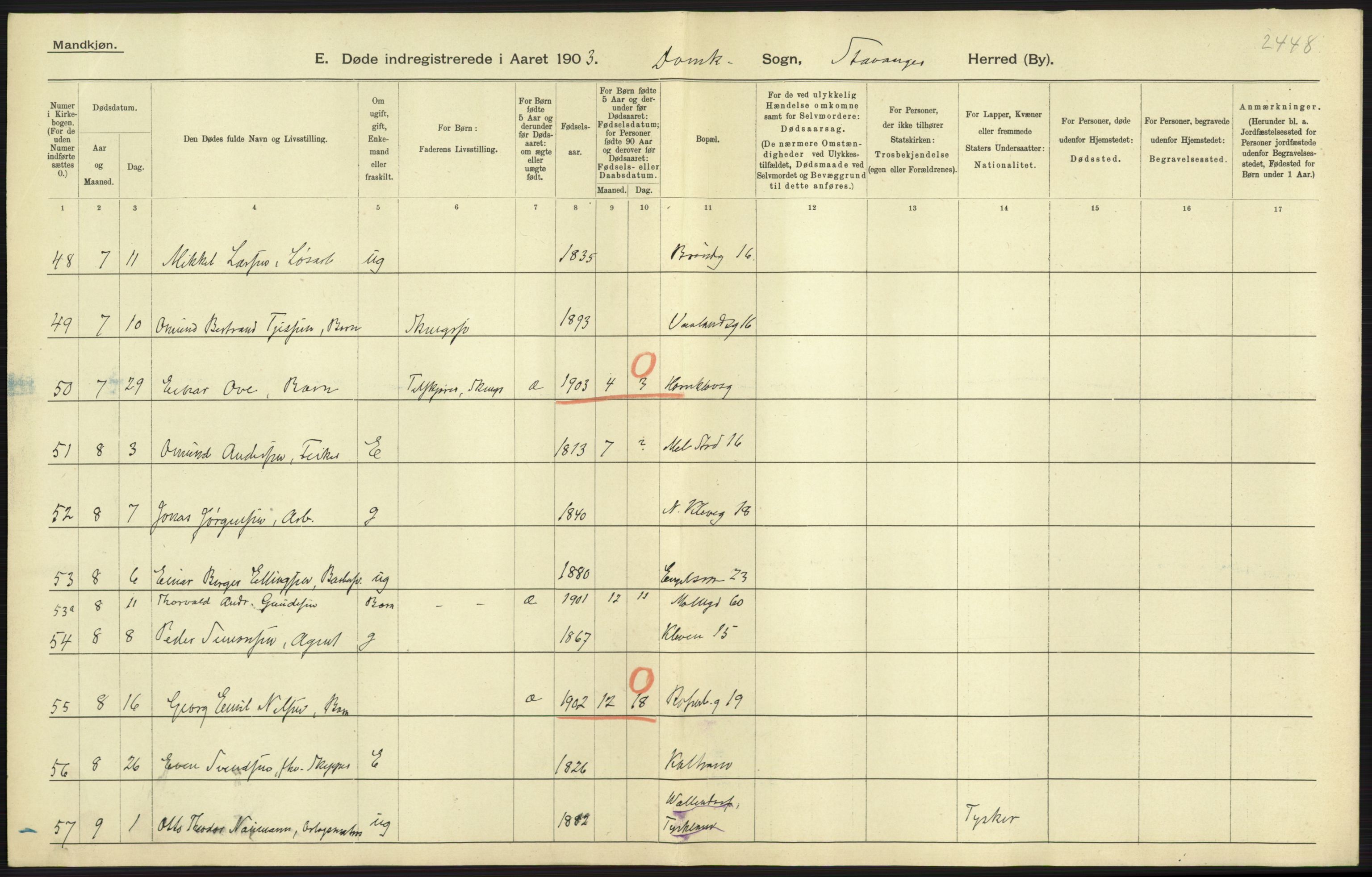 Statistisk sentralbyrå, Sosiodemografiske emner, Befolkning, AV/RA-S-2228/D/Df/Dfa/Dfaa/L0012: Stavanger amt: Fødte, gifte, døde, 1903, p. 843