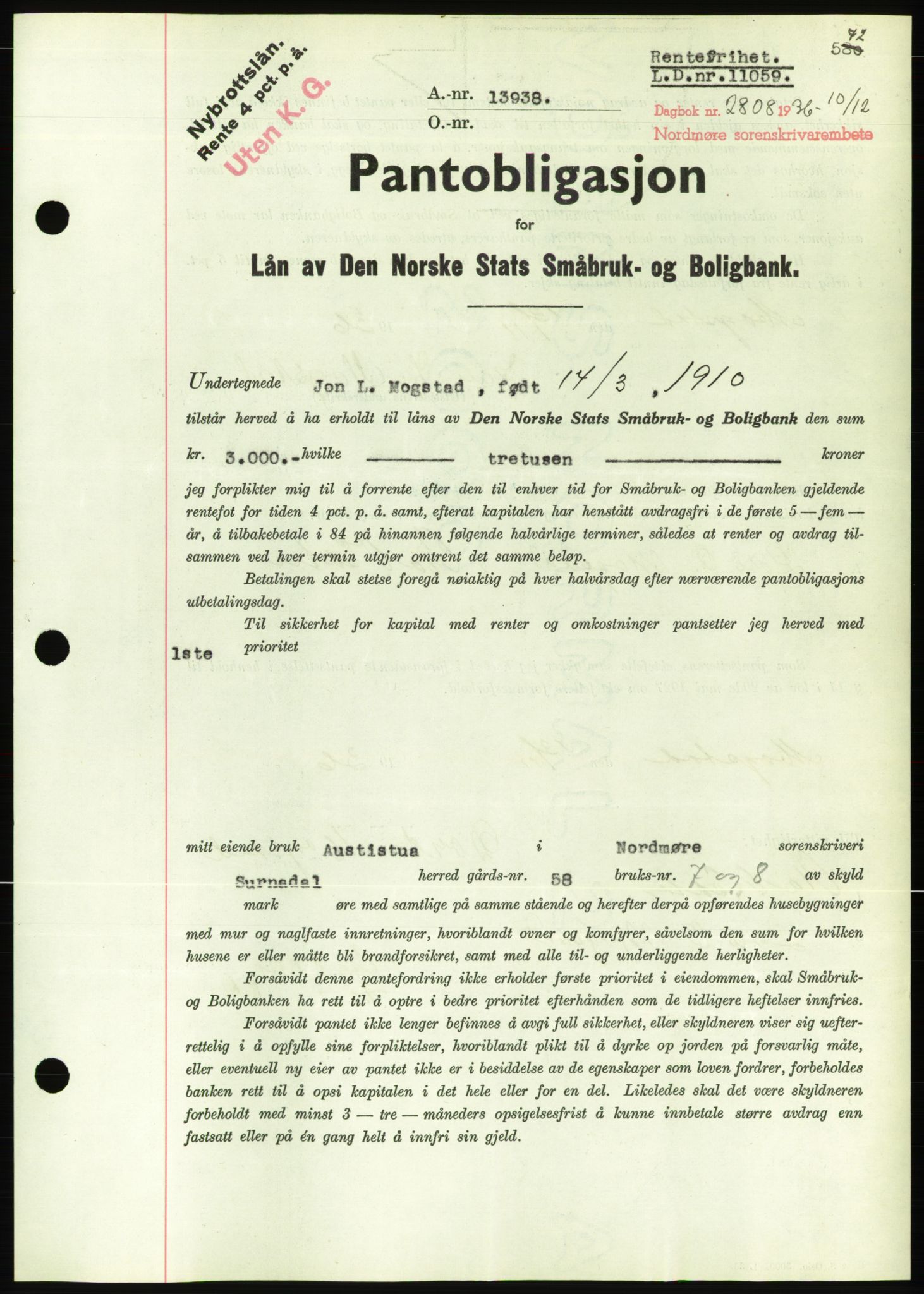 Nordmøre sorenskriveri, AV/SAT-A-4132/1/2/2Ca/L0090: Mortgage book no. B80, 1936-1937, Diary no: : 2808/1936