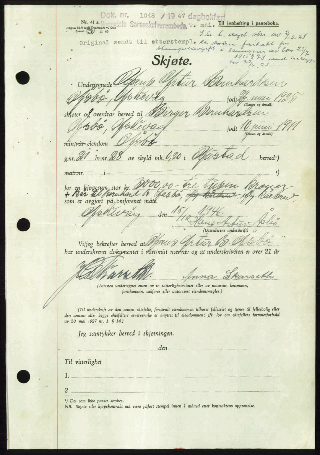 Romsdal sorenskriveri, AV/SAT-A-4149/1/2/2C: Mortgage book no. A23, 1947-1947, Diary no: : 1048/1947